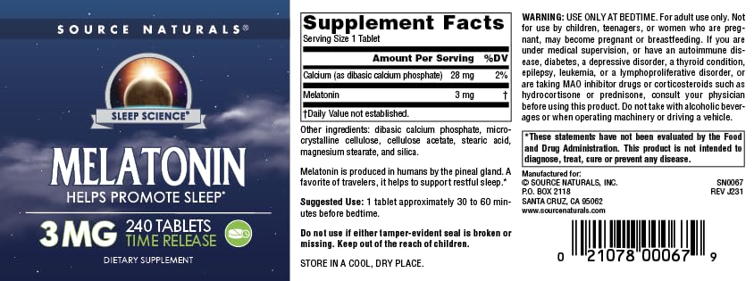 Source Naturals Melatonin tablets on a wooden table