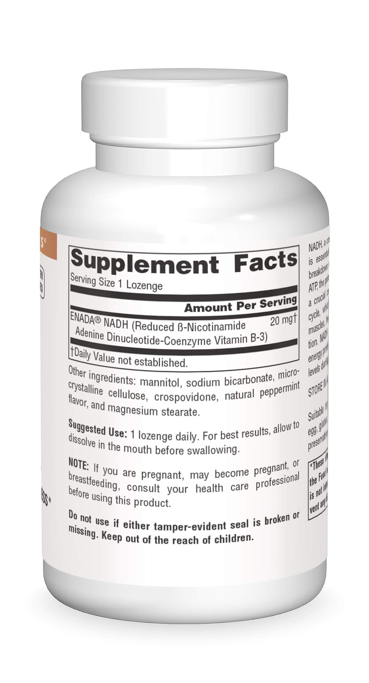Source Naturals NADH Lozenges back view with ingredient list