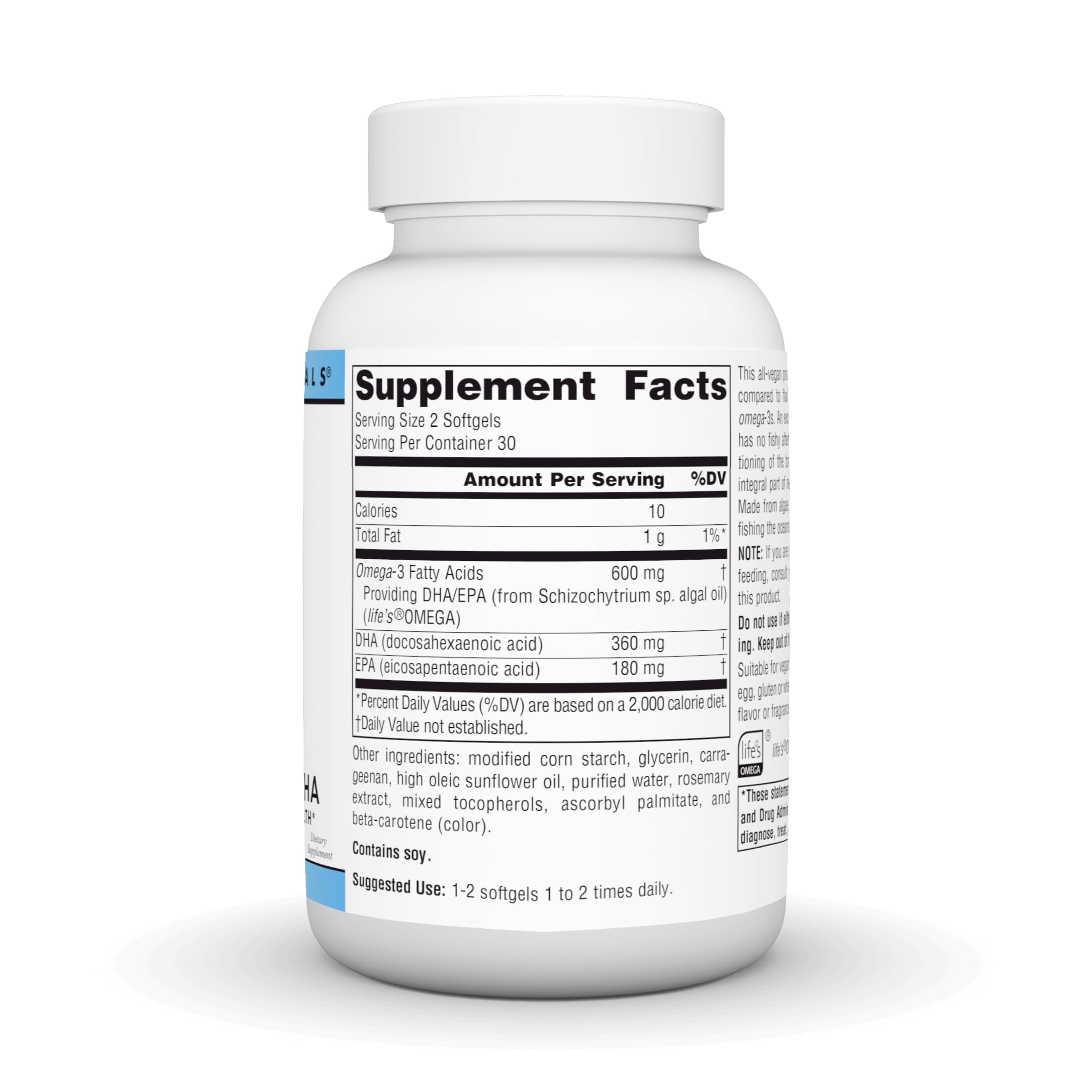 Source Naturals Omega-3 Algal Oil Softgels back view with ingredient list