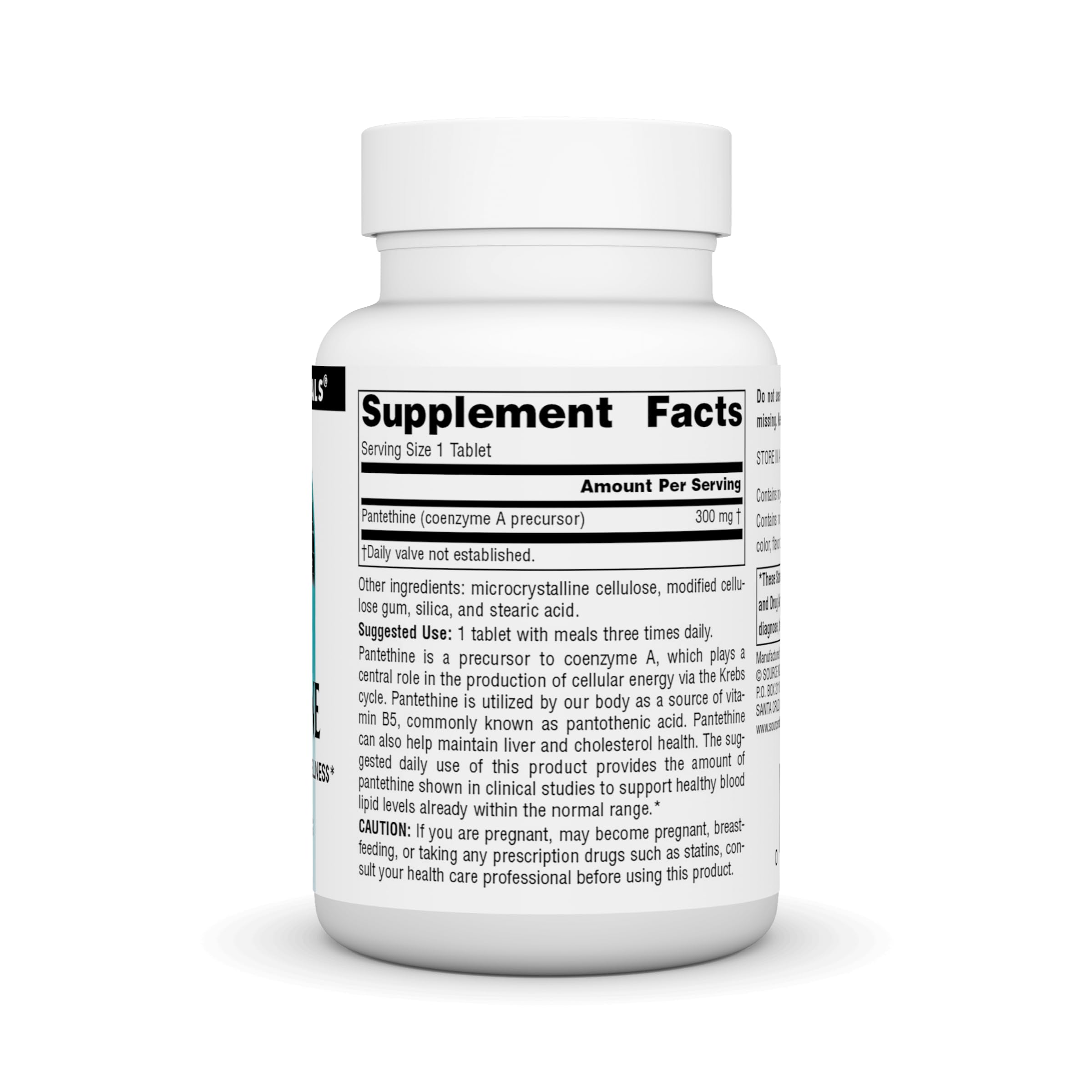 Source Naturals Pantethine 68g side view with dosage instructions