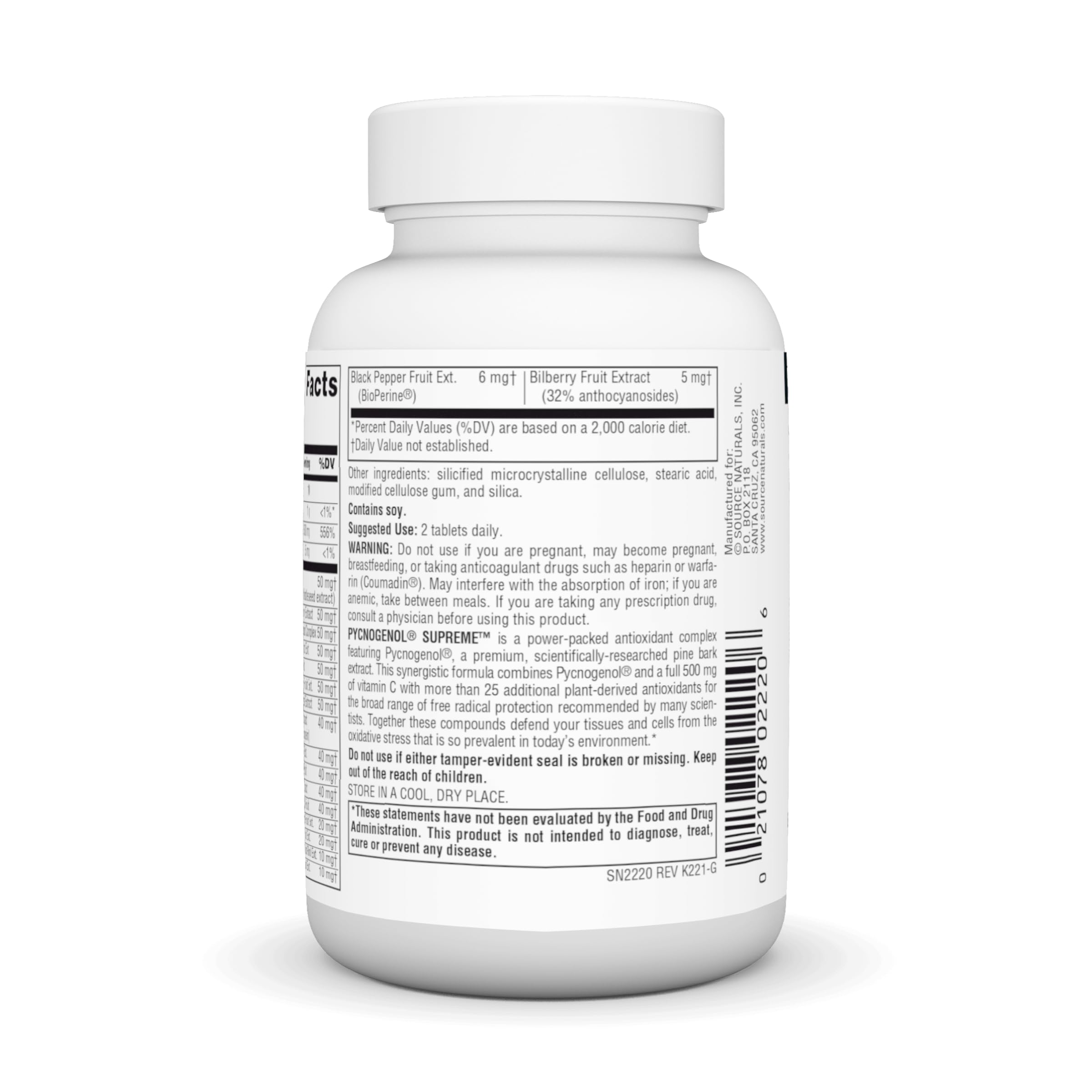 Source Naturals Pycnogenol 68g back view with ingredients