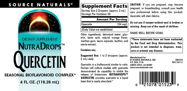 Source Naturals Quercetin NutraDrops 113g packaging on a wooden table