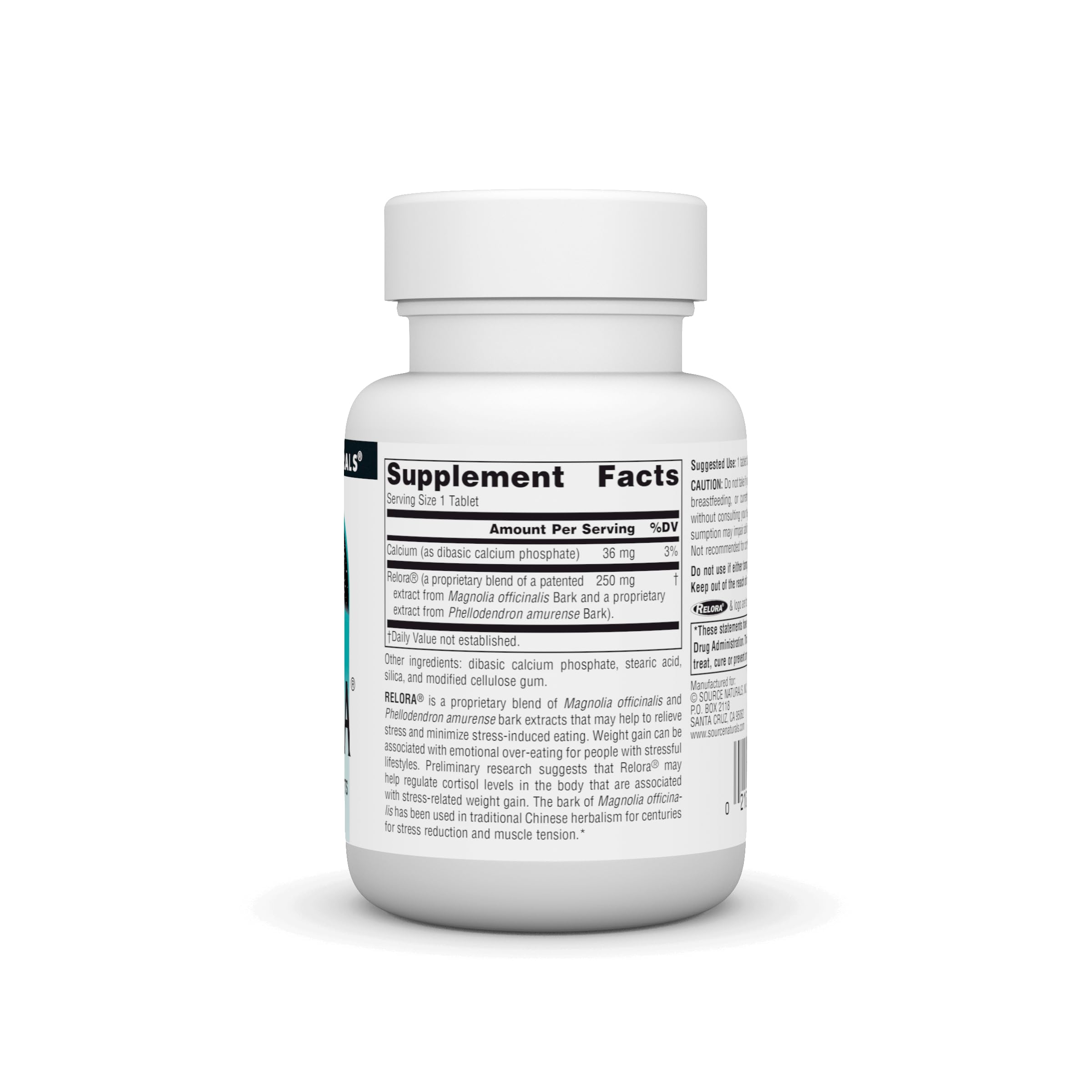 Source Naturals Relora 250mg tablet bottle side view