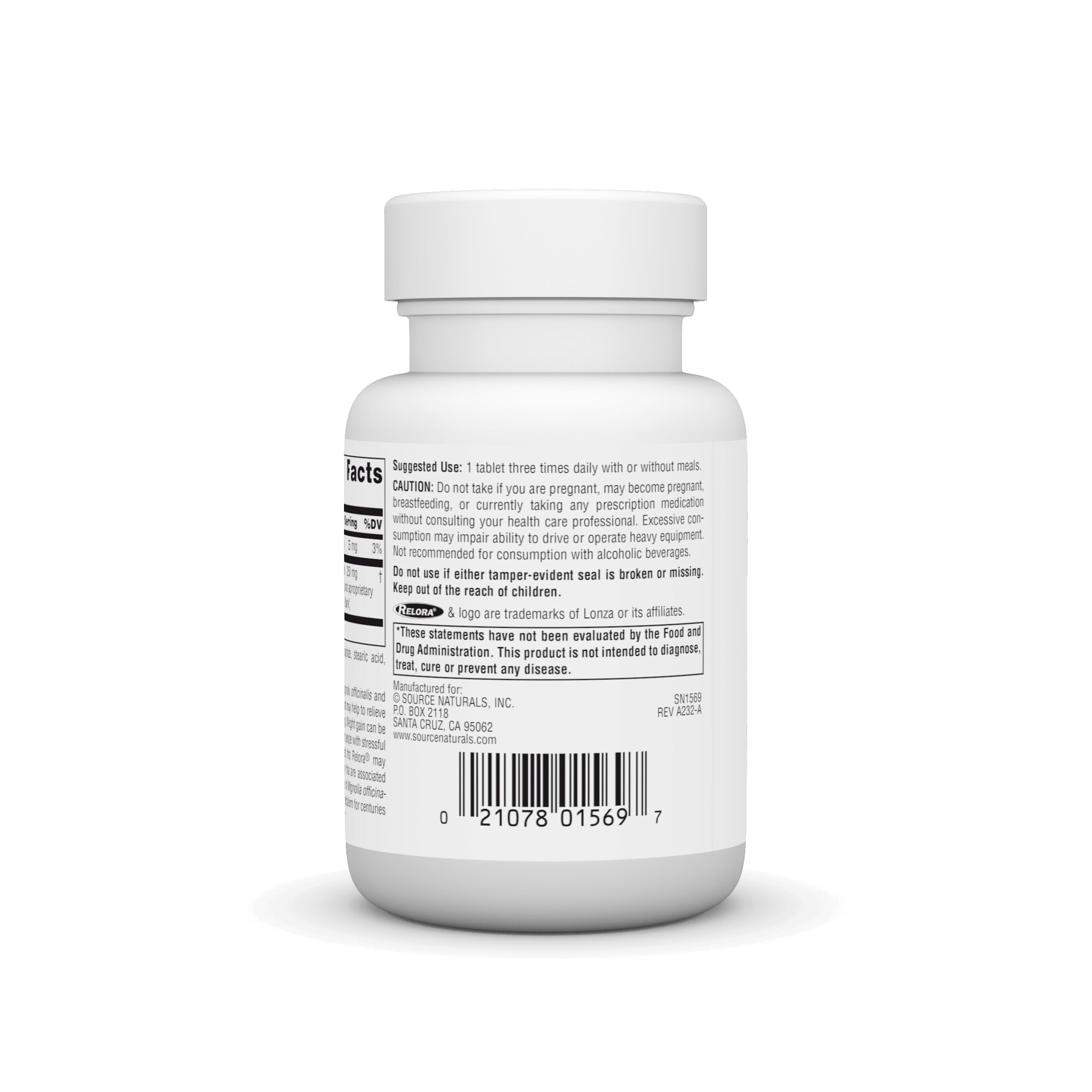 Source Naturals Relora tablet close-up on a white background