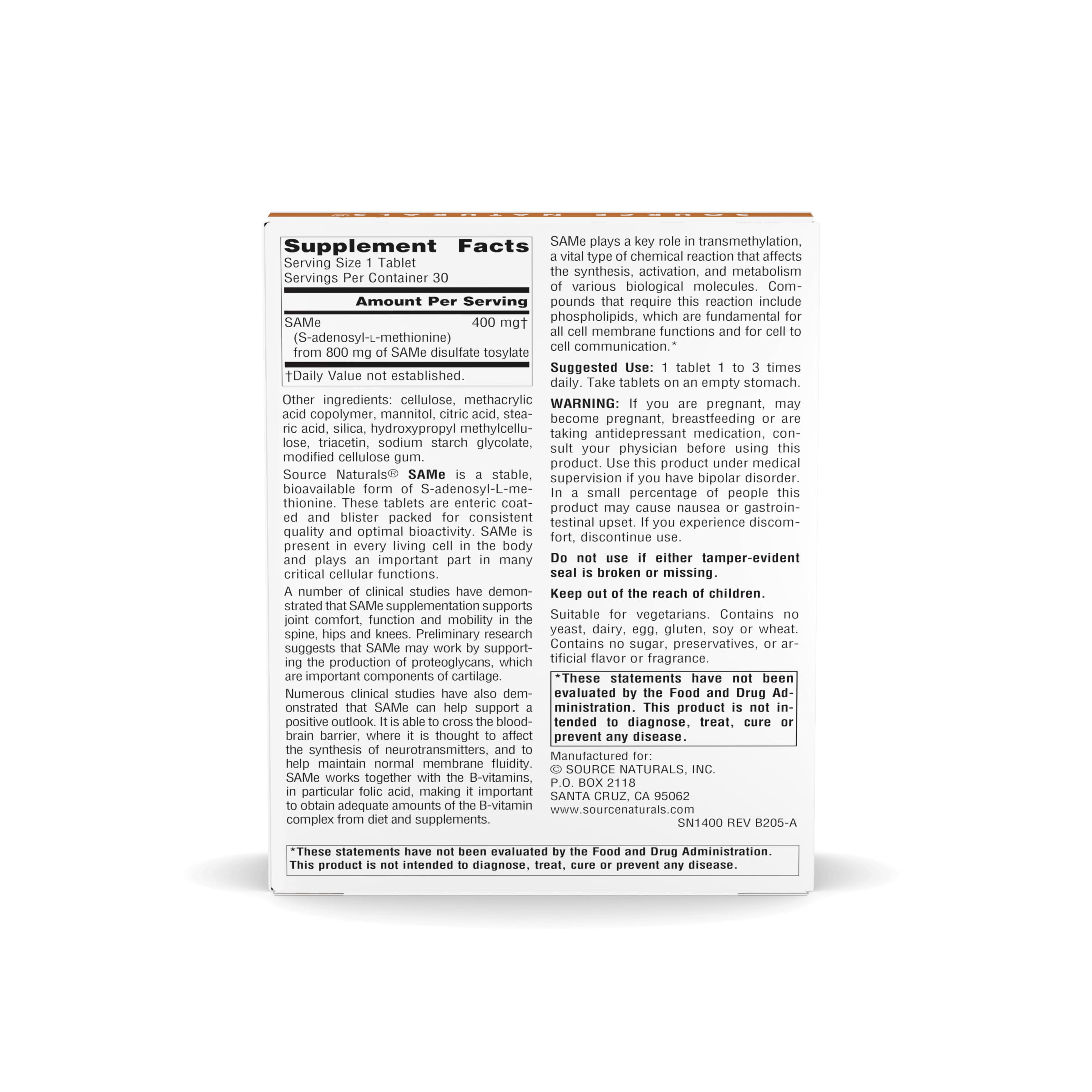 Source Naturals SAMe Tablets with dosage instructions