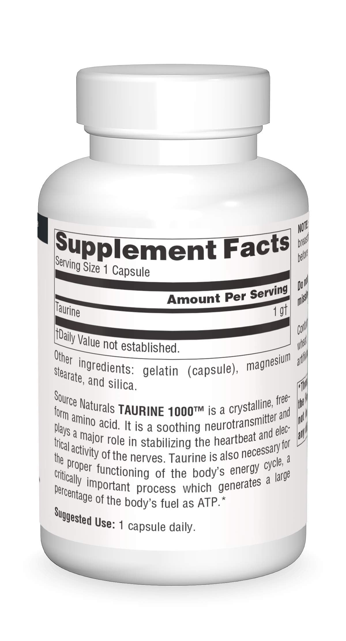 Source Naturals Taurine 1000mg capsules label with ingredients