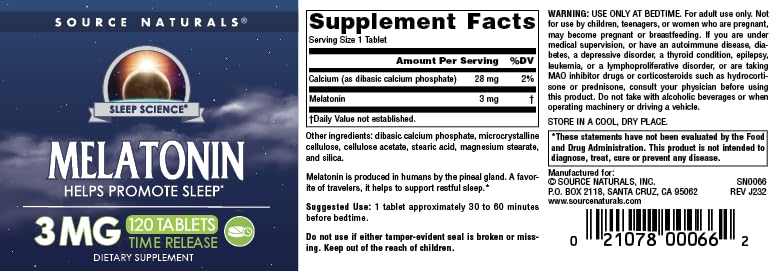 Source Naturals Time Released Melatonin 3 mg tablet close-up
