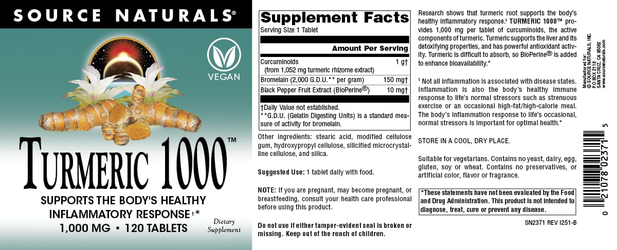 Source Naturals Turmeric Tablets 1052mg back view