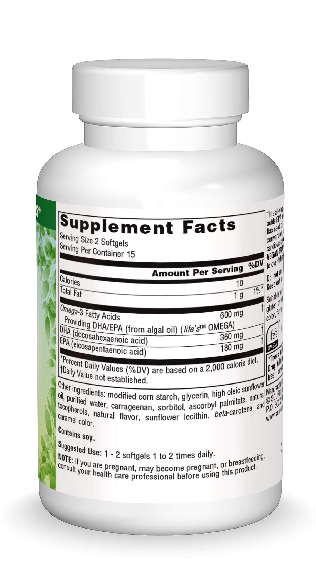 Source Naturals Vegan Omega-3 Softgels back view with ingredient list