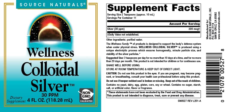 Source Naturals Wellness Colloidal Silver 30 ppm liquid bottle with measuring cap