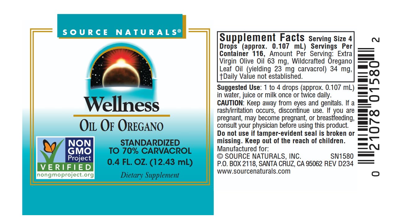 Source Naturals Wellness Oil of Oregano 11g label close-up