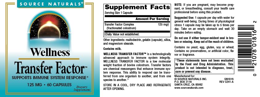 Source Naturals Wellness Transfer Factor bottle with capsules on a wooden surface