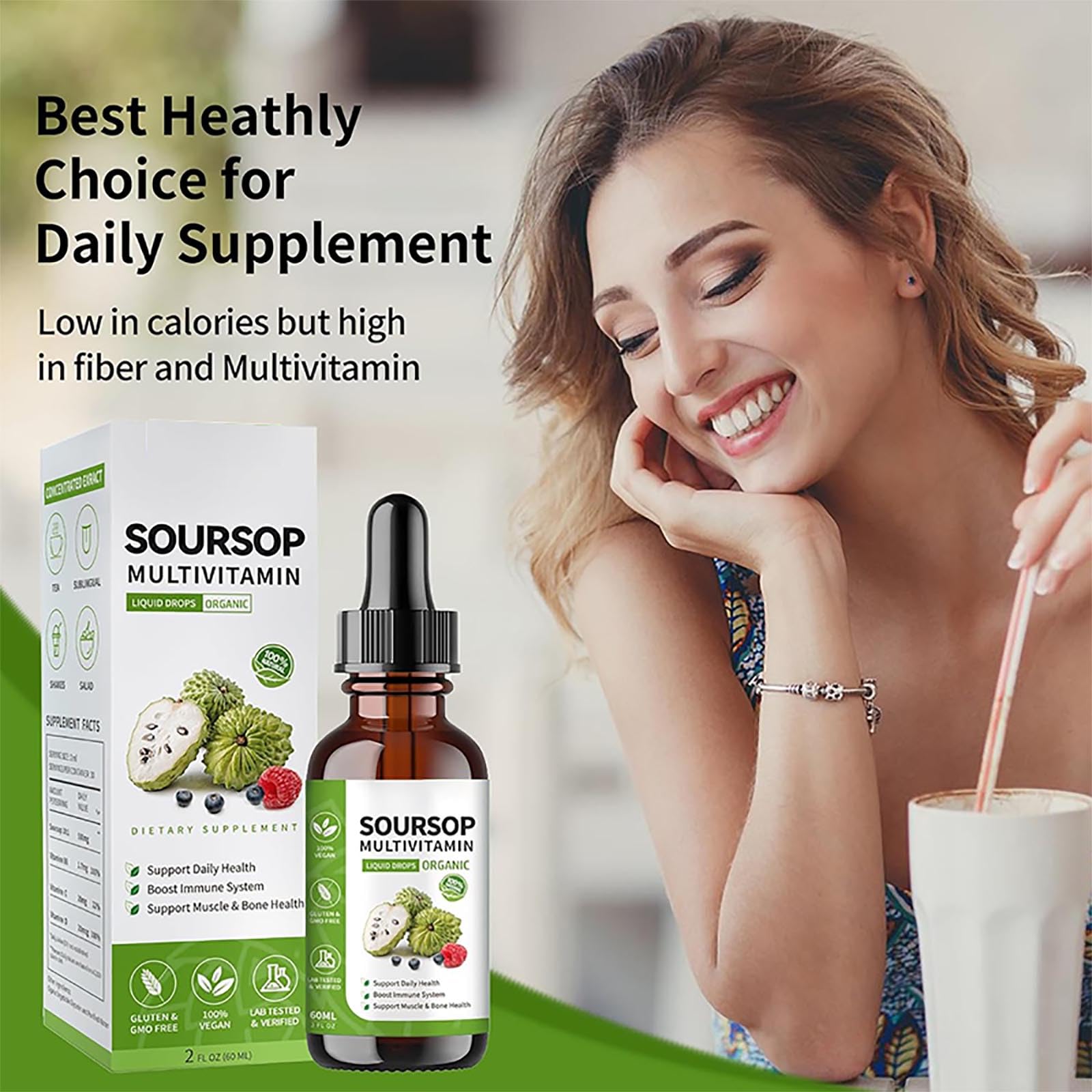 Soursop fruit next to bogomo Soursop Graviola Leaf Extract Liquid Drops