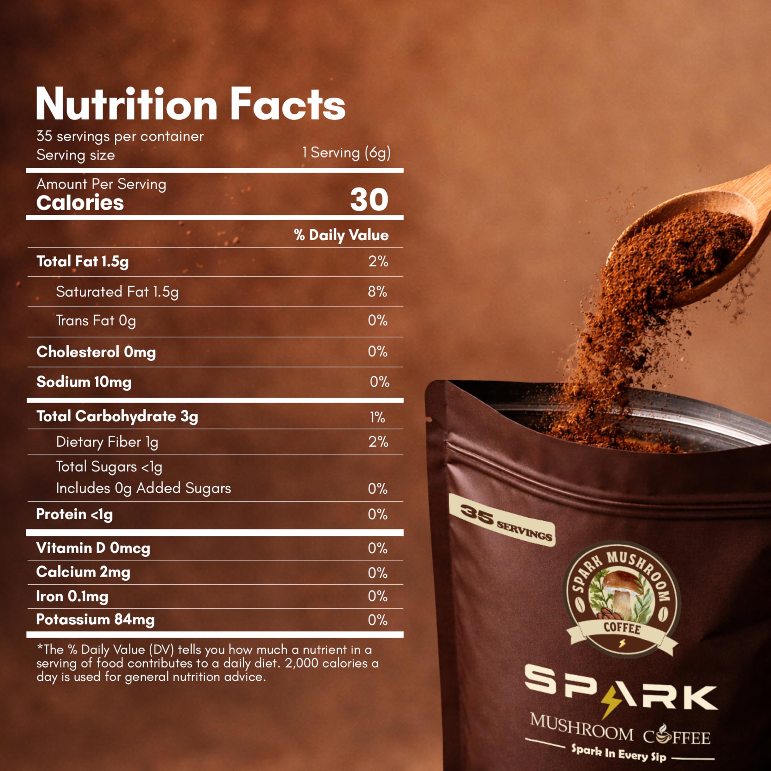 Spark Mushroom Coffee 222g back view with nutritional information