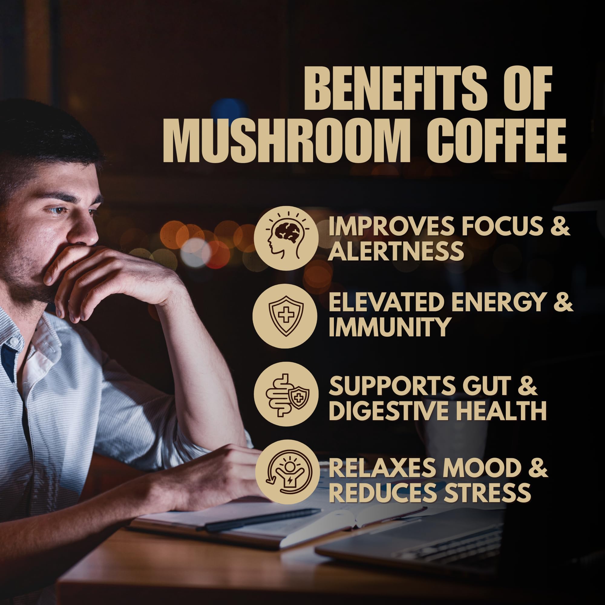 Spark Mushroom Coffee with coffee beans on a table