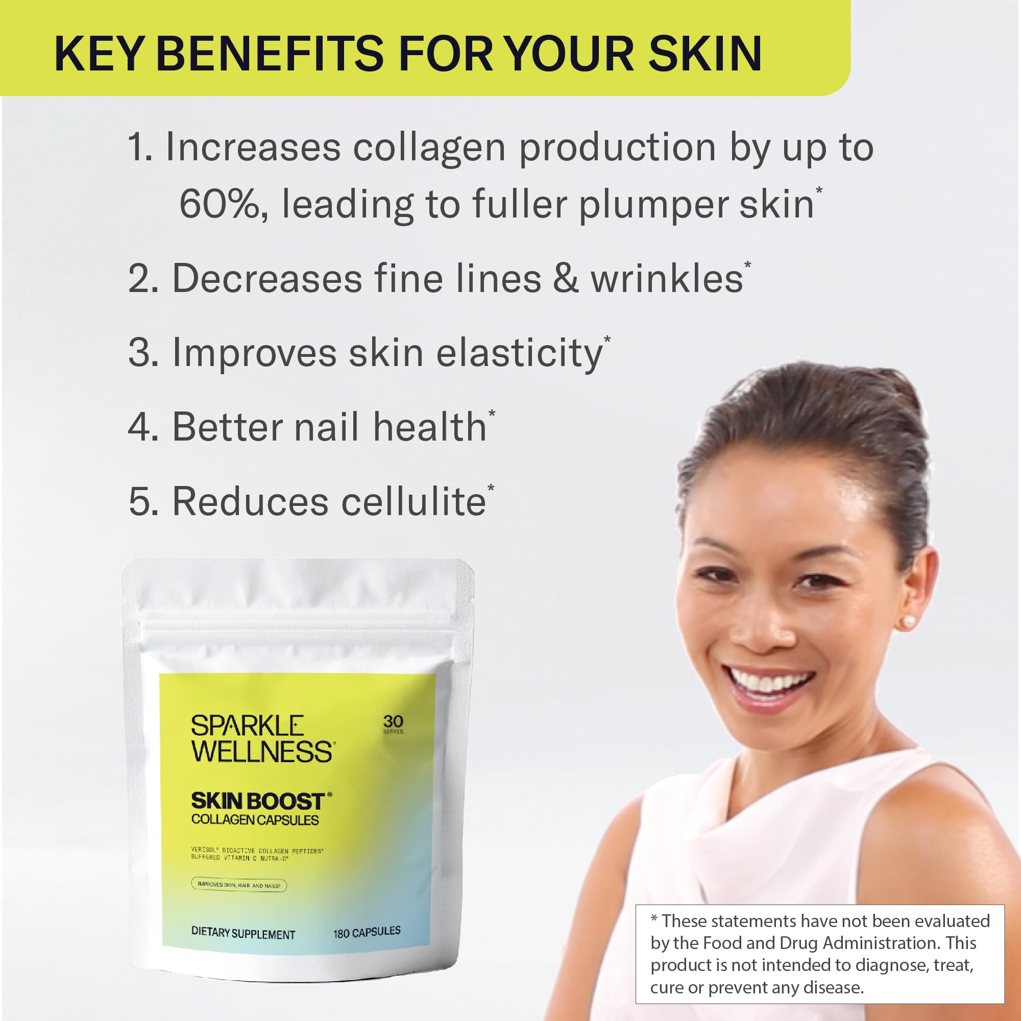 Sparkle Wellness Skin support Collagen Capsules with a glass of water