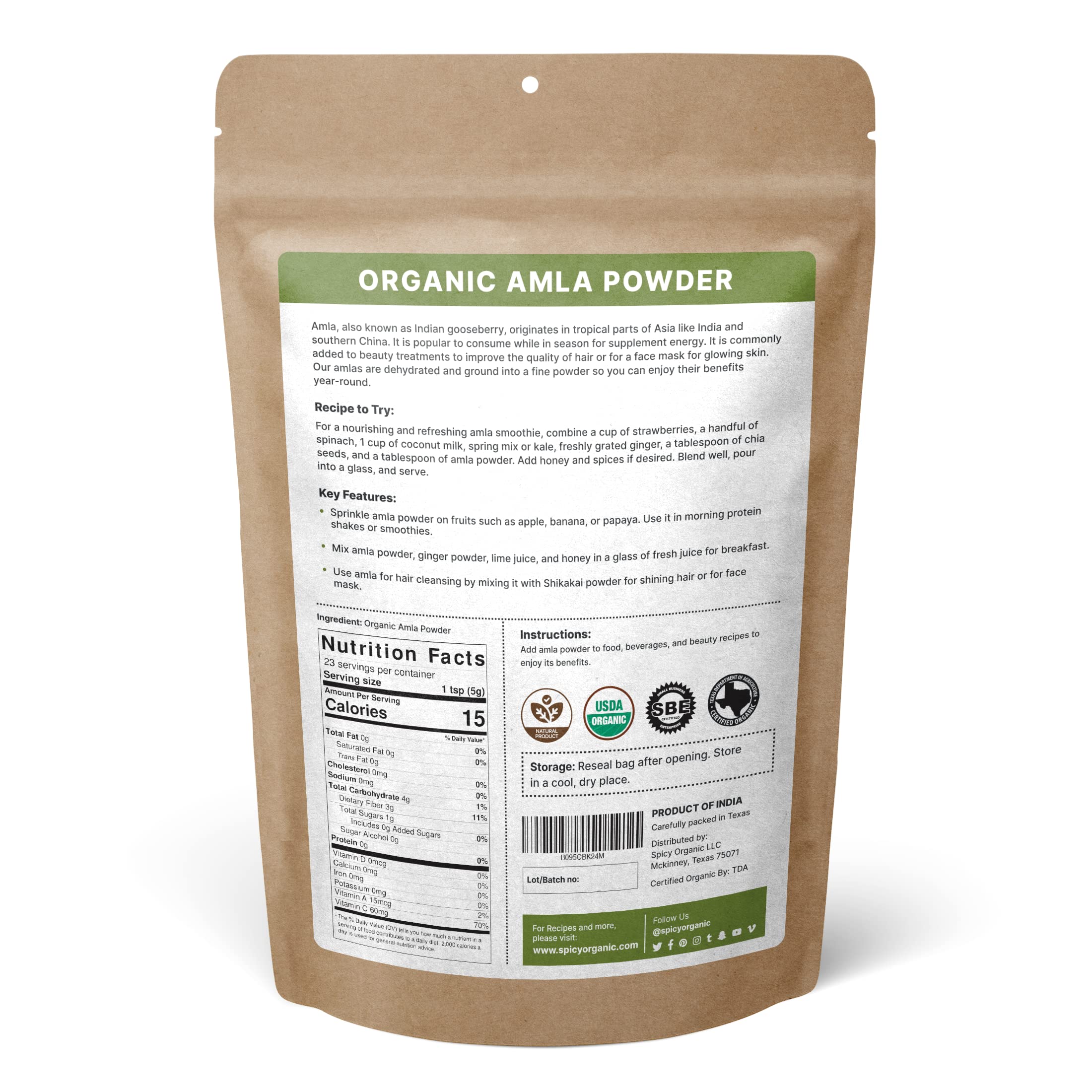 SPICY ORGANIC Amla Powder 113g back view with nutritional information