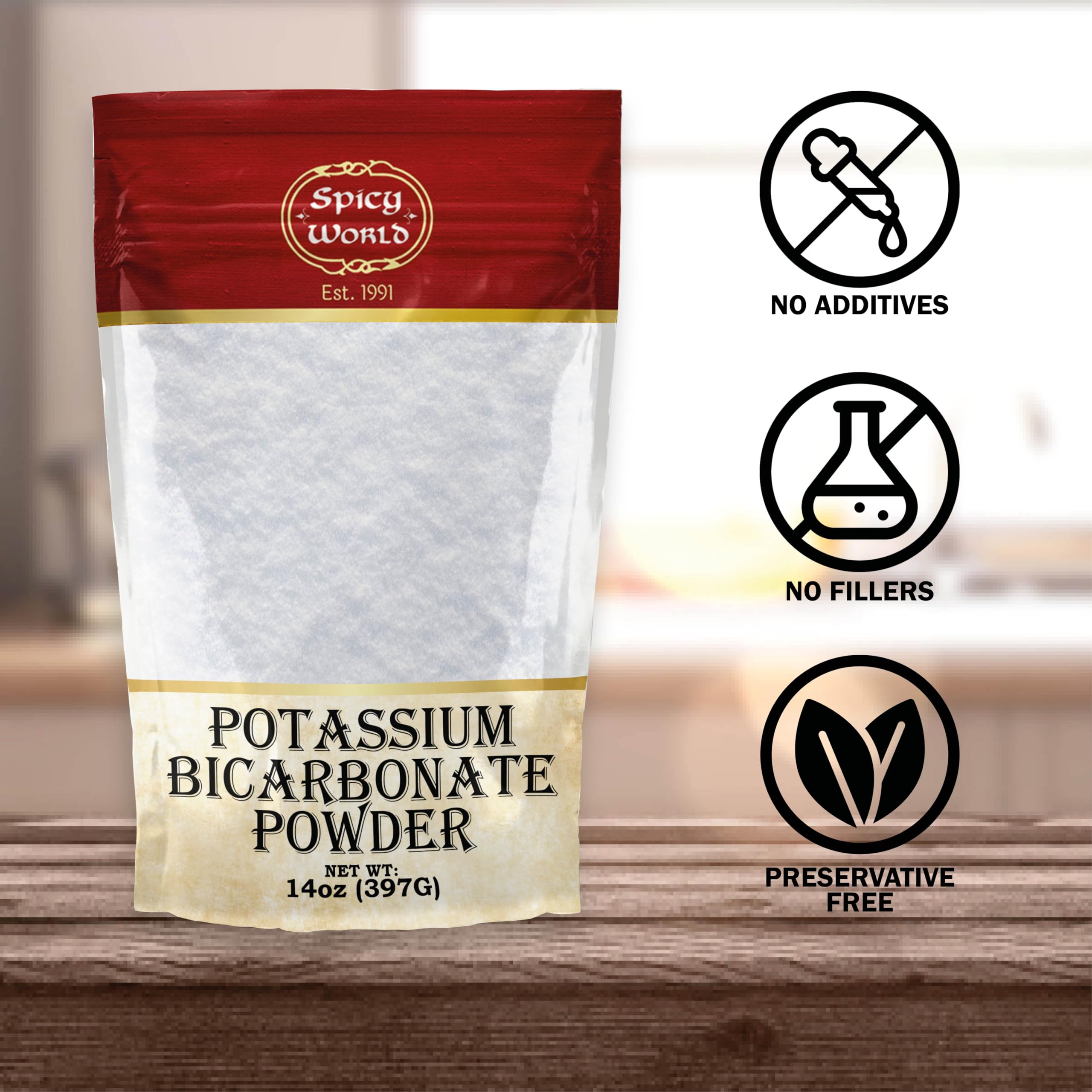 Spicy World Potassium Bicarbonate 14oz pouch back view