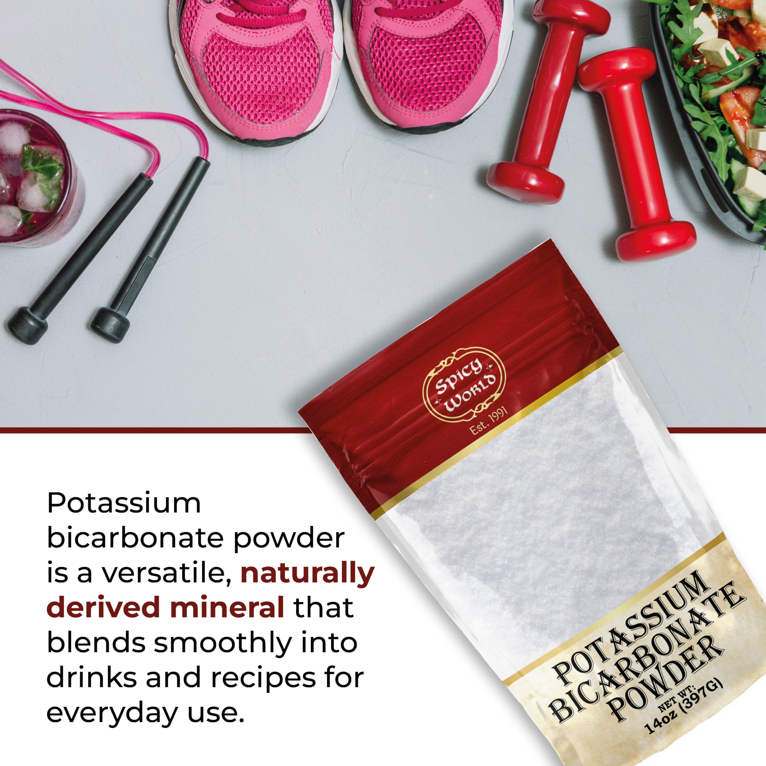 Spicy World Potassium Bicarbonate 14oz pouch side view