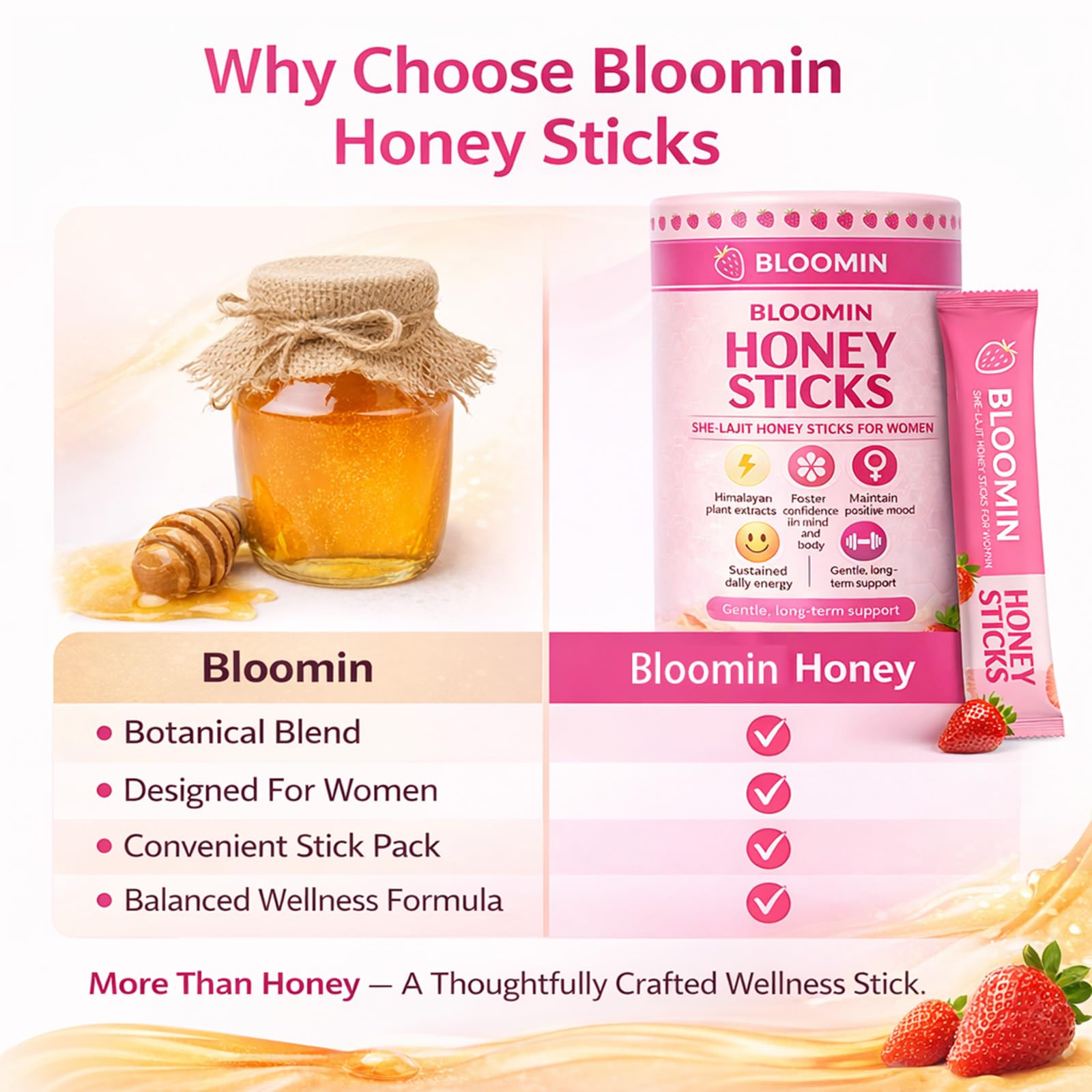 SPNUTRITION Bloomin She-Lajit Honey Sticks displayed in a natural setting