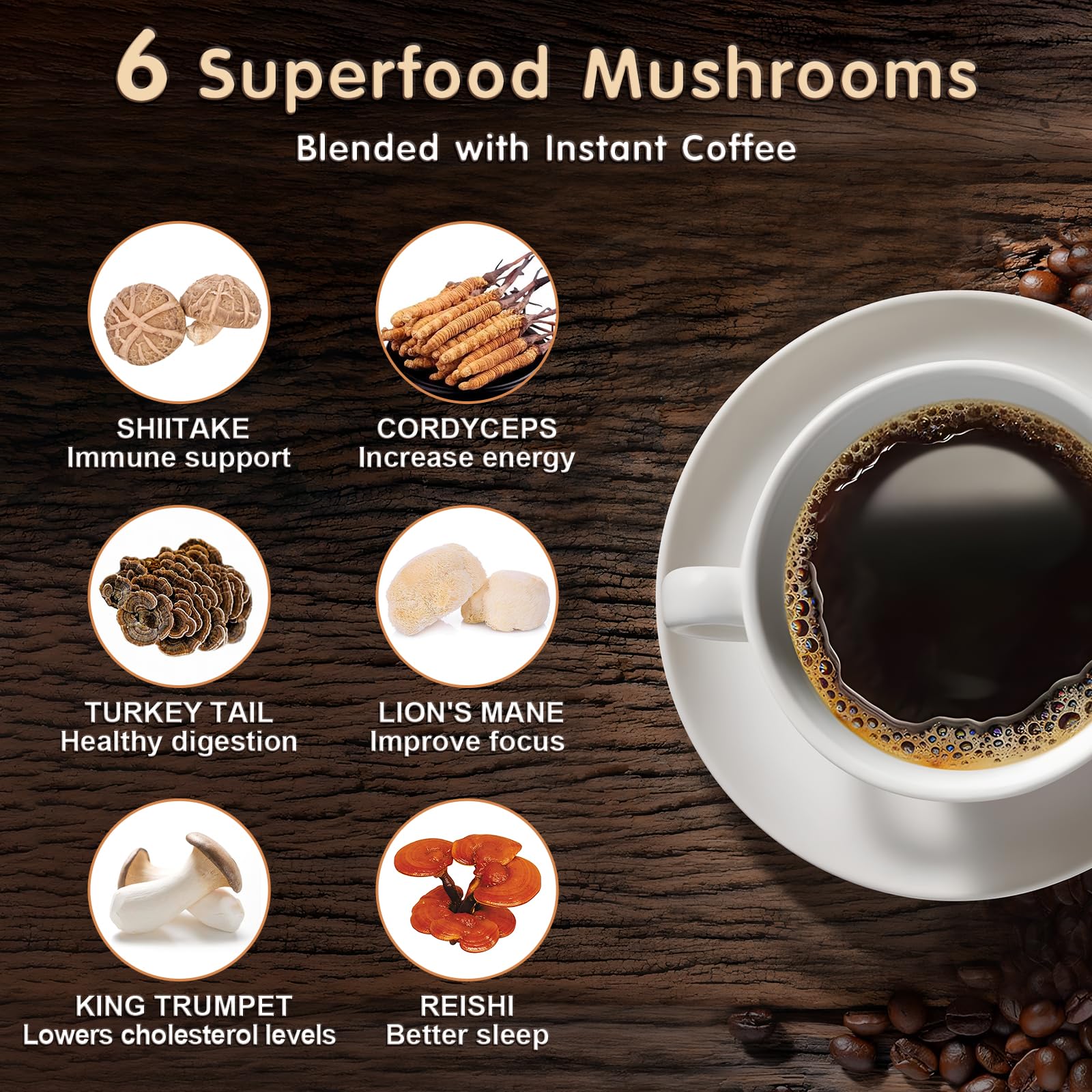 Spoonful of Balincer Mushroom Coffee powder on a table