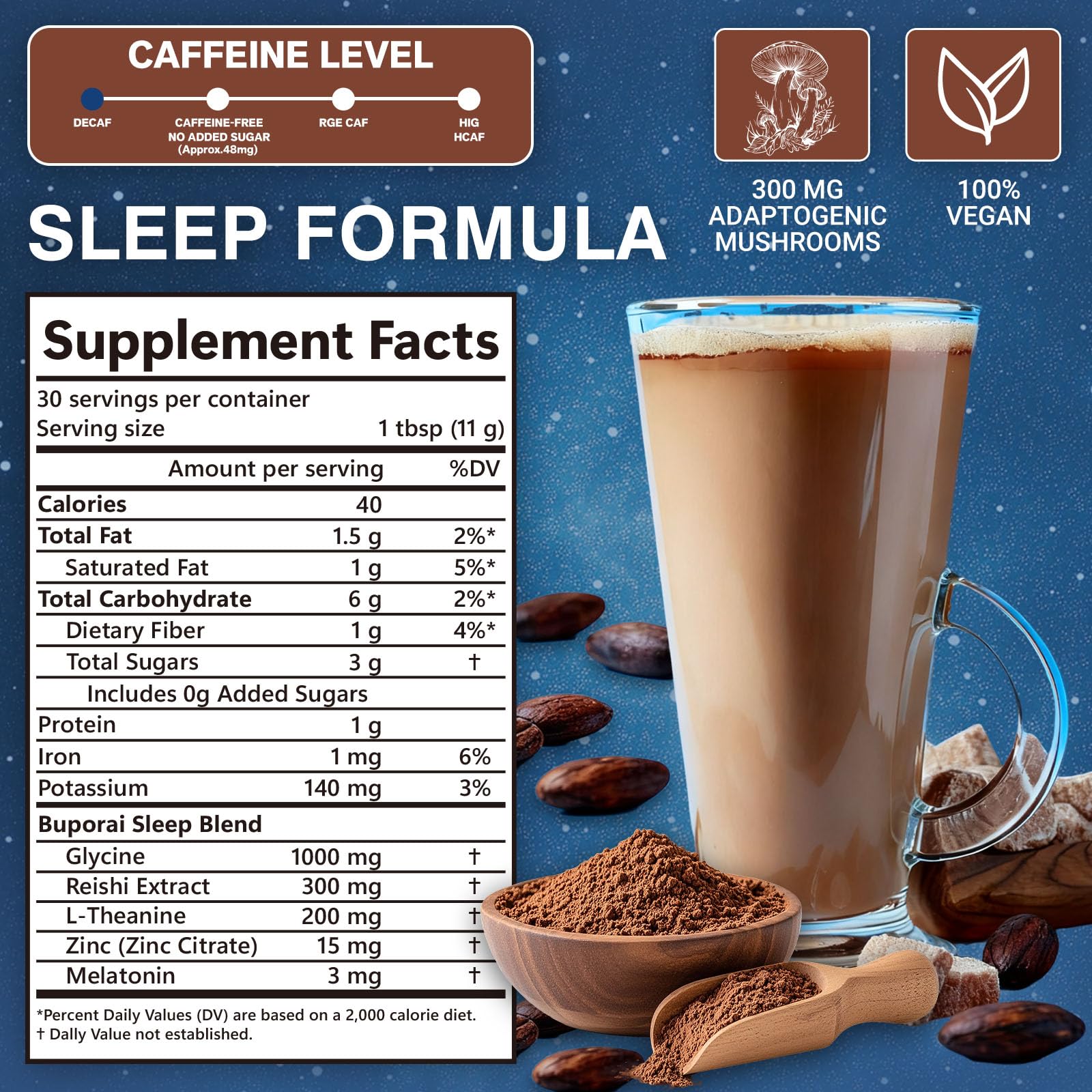 Spoonful of Buporai Mushroom Hot Cocoa Powder on a table