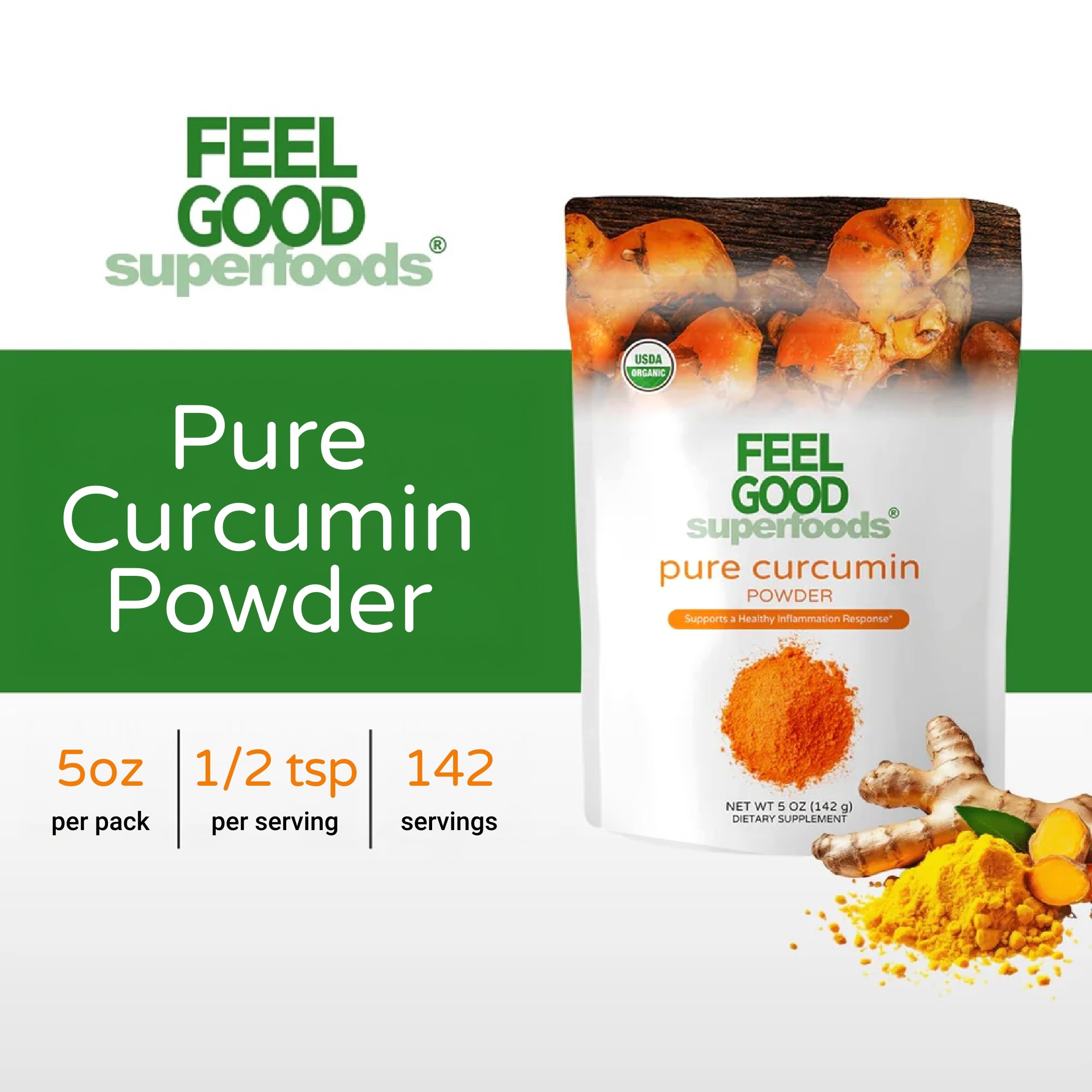 Spoonful of FEEL GOOD Pure Curcumin Powder on a wooden surface