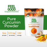 Spoonful of FEEL GOOD Pure Curcumin Powder on a wooden surface
