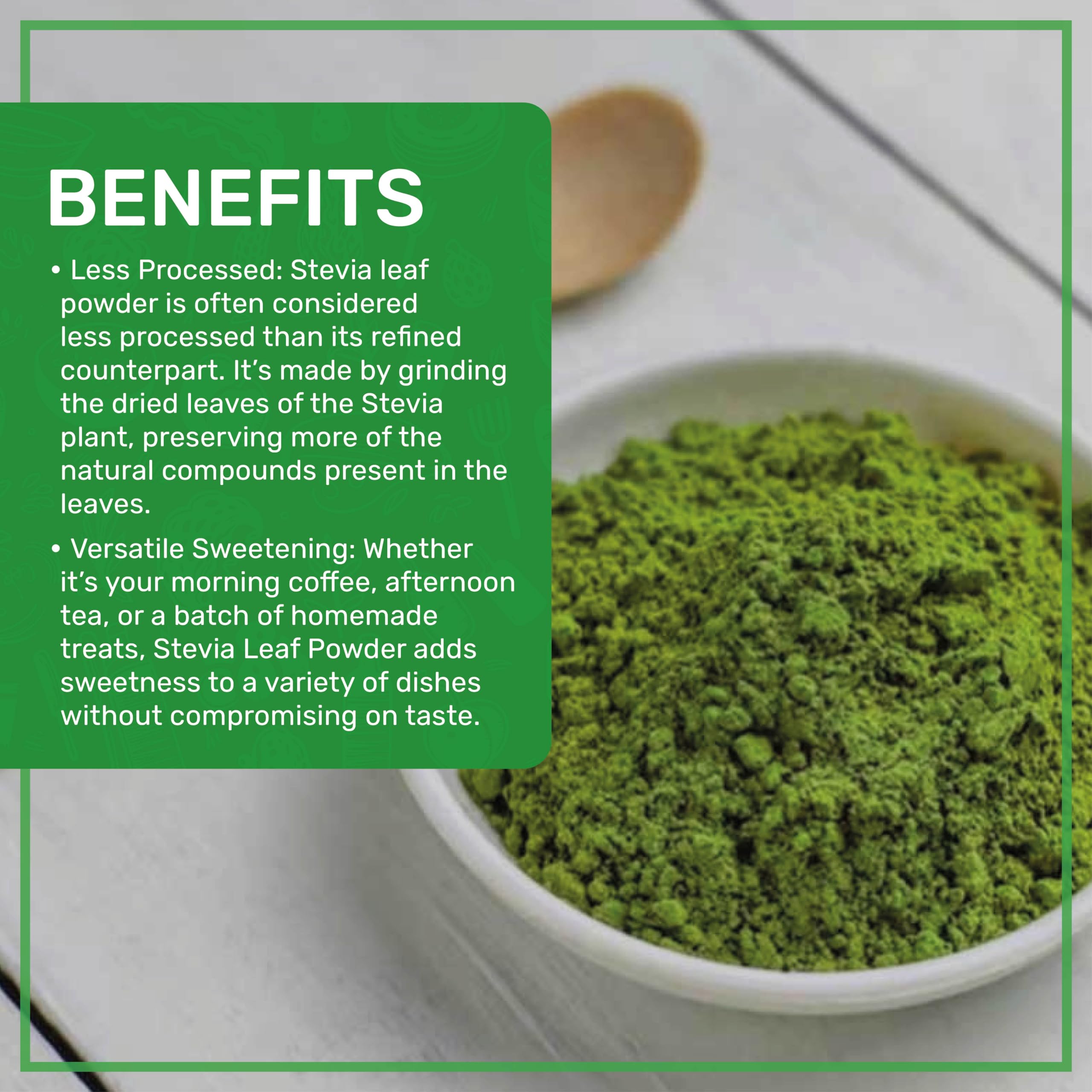 Spoonful of Jiva Organics Stevia Leaf Powder on a wooden table