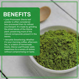 Spoonful of Jiva Organics Stevia Leaf Powder on a wooden table