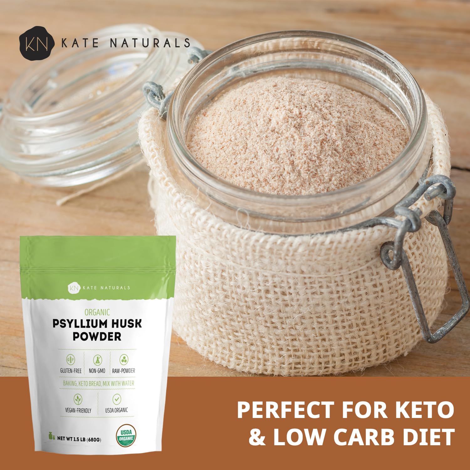 Spoonful of Kate Naturals Organic Psyllium Husk Powder on a wooden table