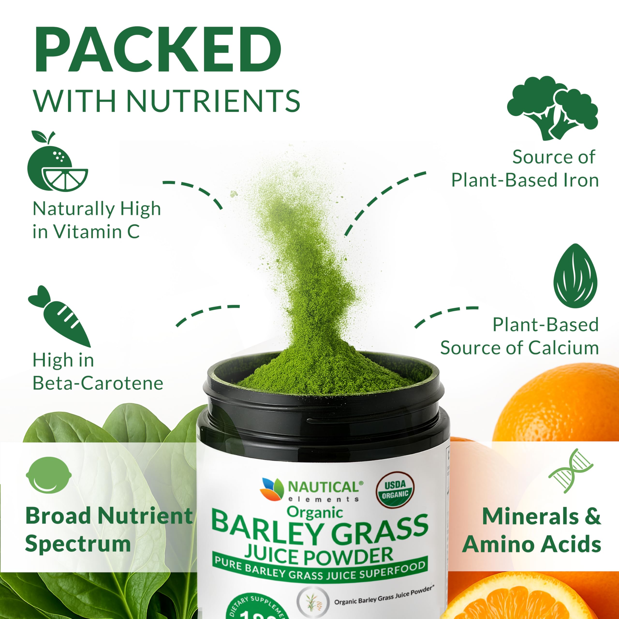 Spoonful of Nautical Elements Organic Barley Grass Juice Powder on a wooden table