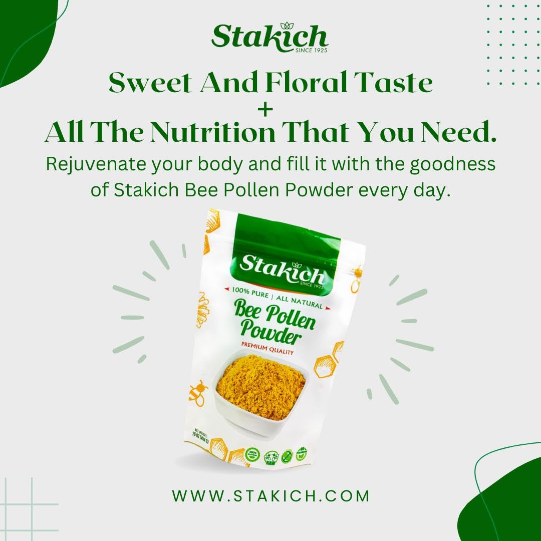 Spoonful of Stakich Bee Pollen Powder on a table