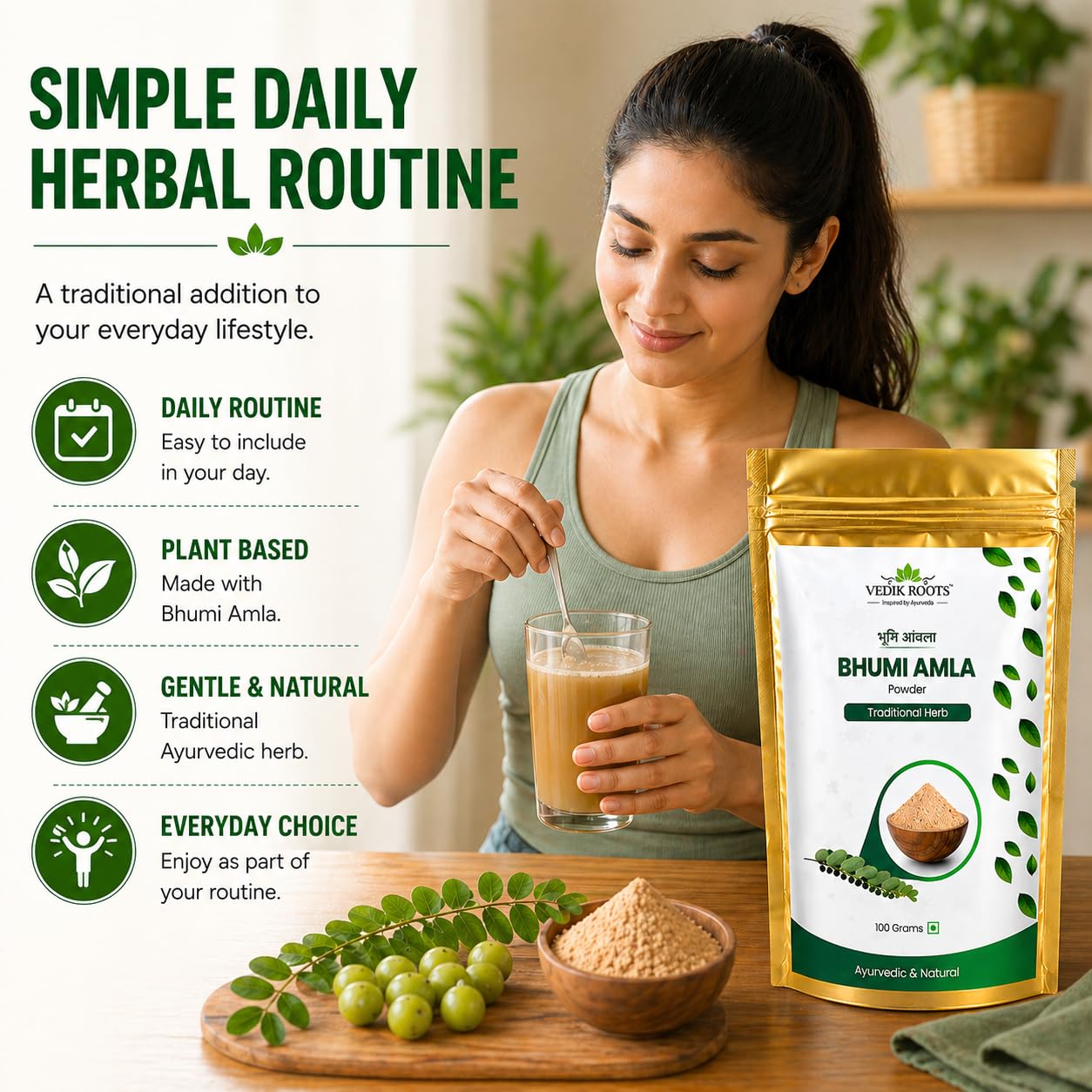 Spoonful of VEDIKROOTS Bhumi Amla Powder on a table