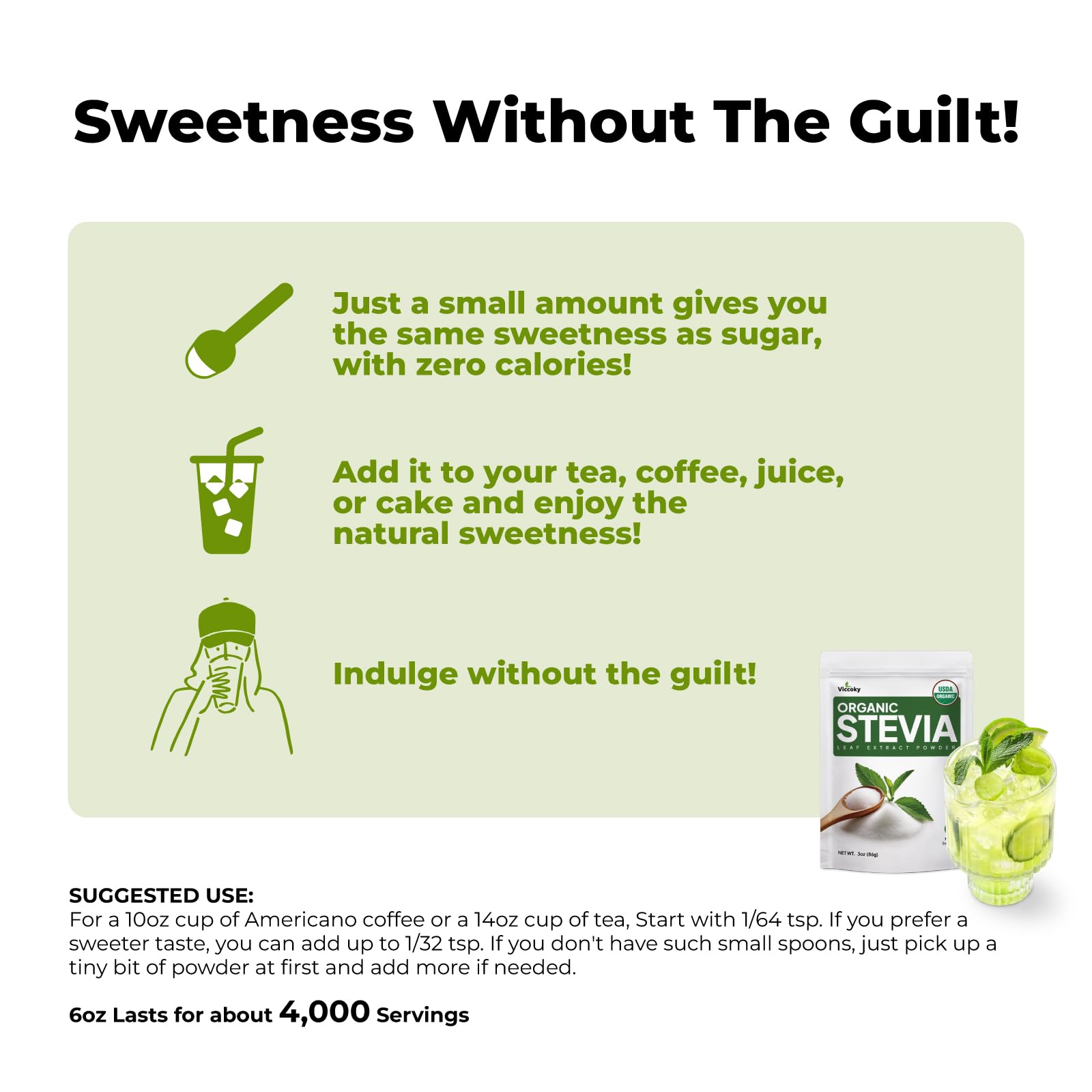 Spoonful of Viccoky Organic Stevia Powder on a wooden table