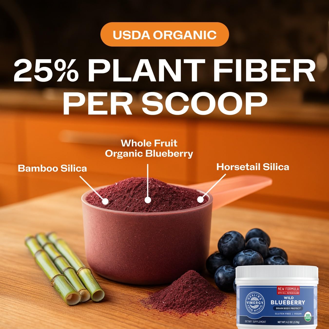 Spoonful of Vimergy Wild Blueberry Powder on a wooden table
