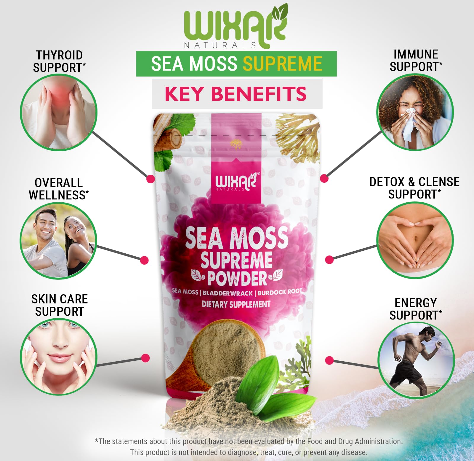 Spoonful of WIXAR NATURALS Sea Moss Powder on a wooden table