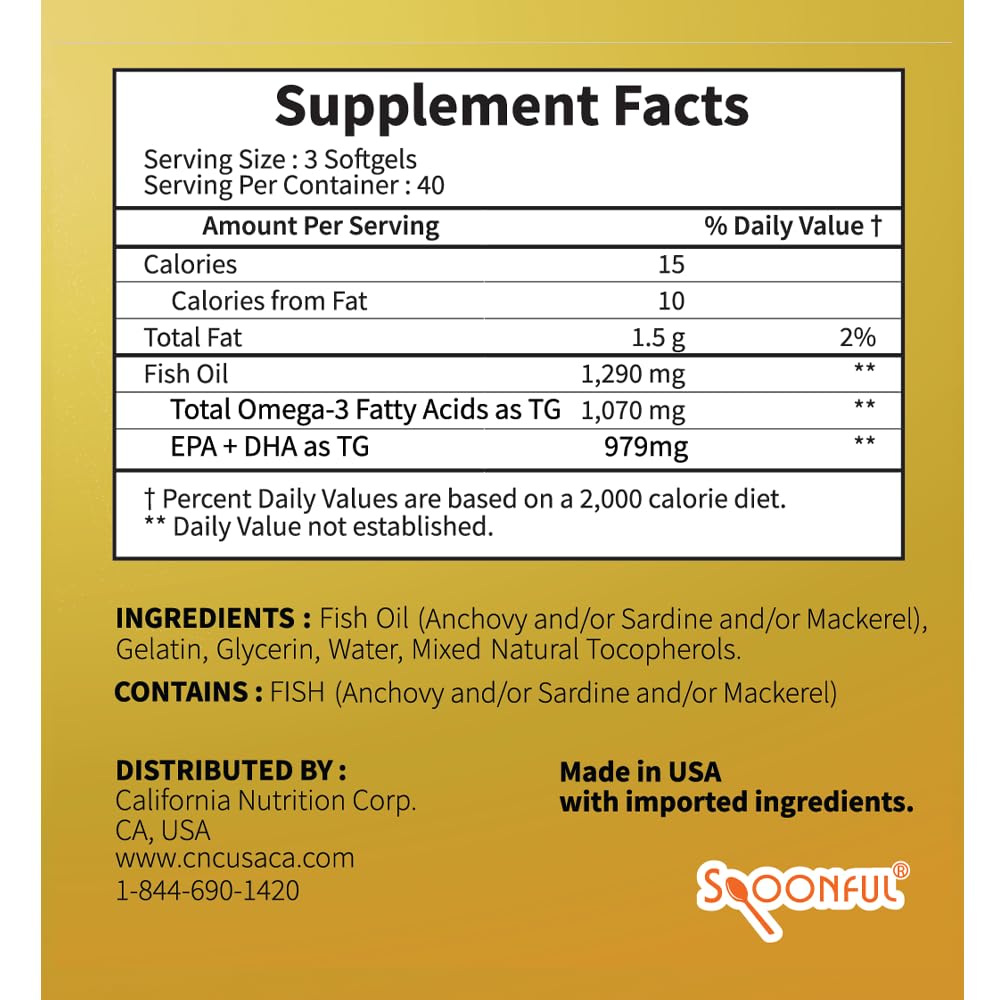 Spoonful Omega 3 Mini Fish Oil softgel capsules on a wooden table
