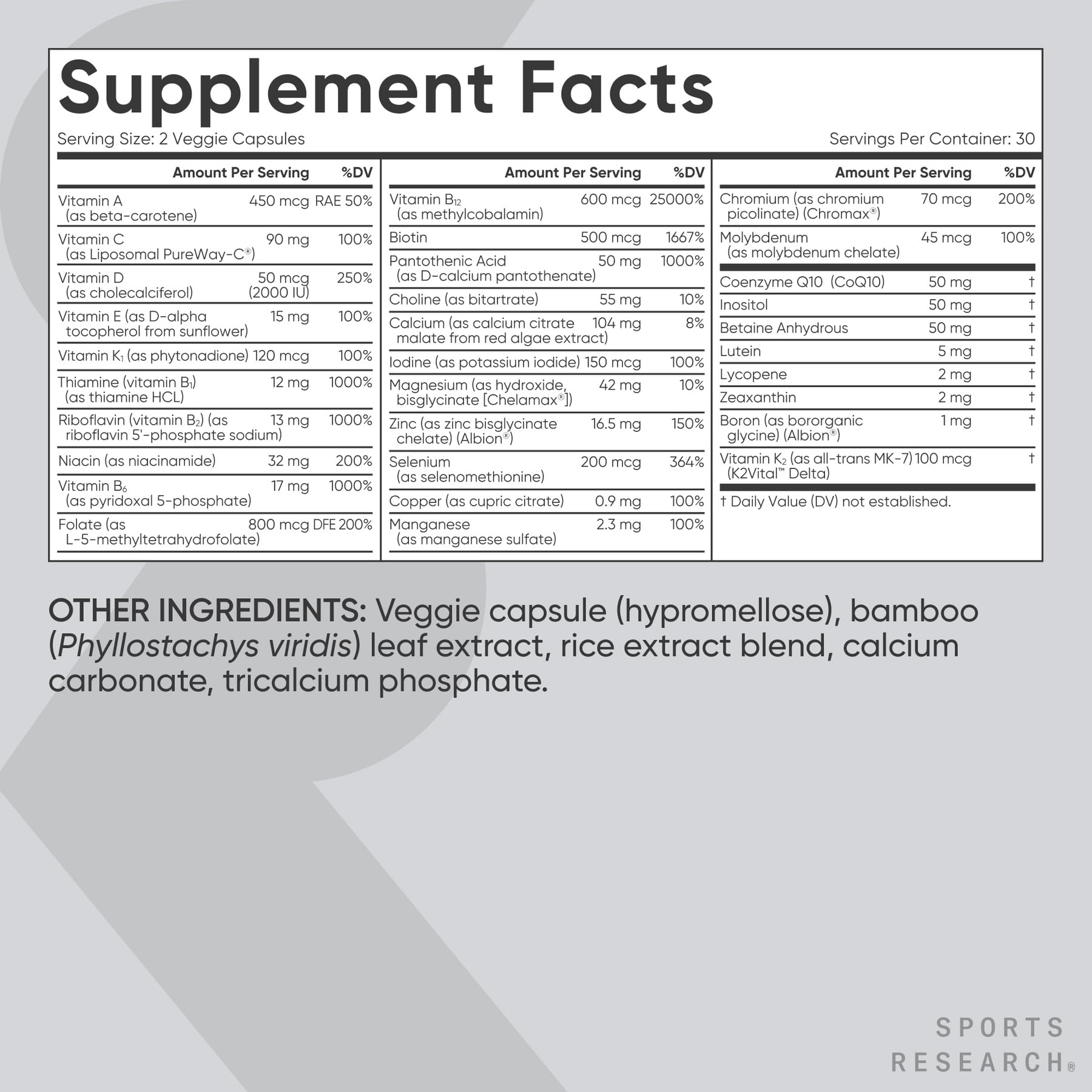 Sports Research Advanced Multivitamin ingredients list close-up
