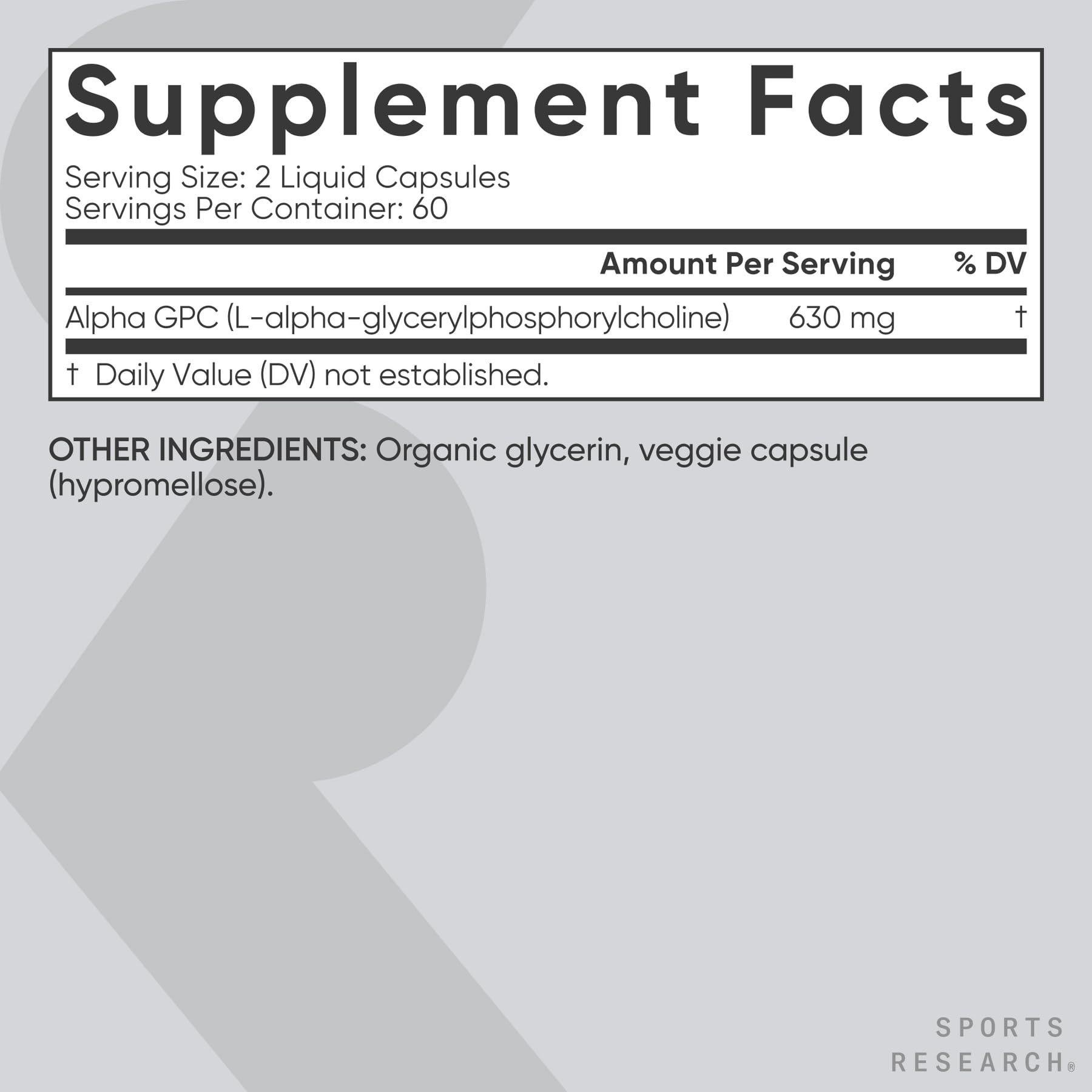 Sports Research Alpha GPC 630mg capsules on a wooden table