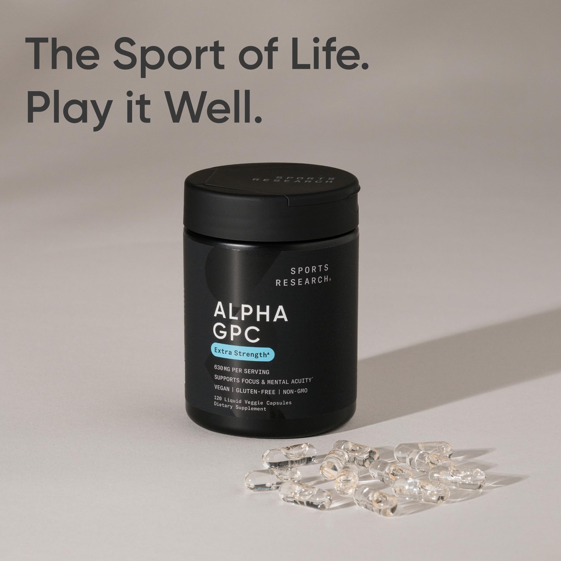 Sports Research Alpha GPC 630mg supplement bottle with a green background