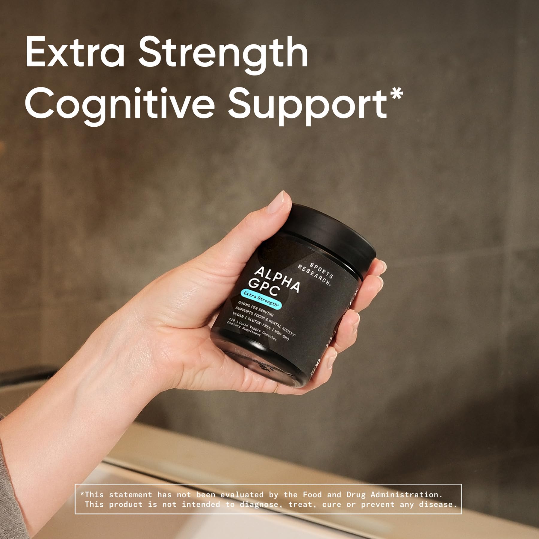 Sports Research Alpha GPC 630mg supplement with a measuring spoon