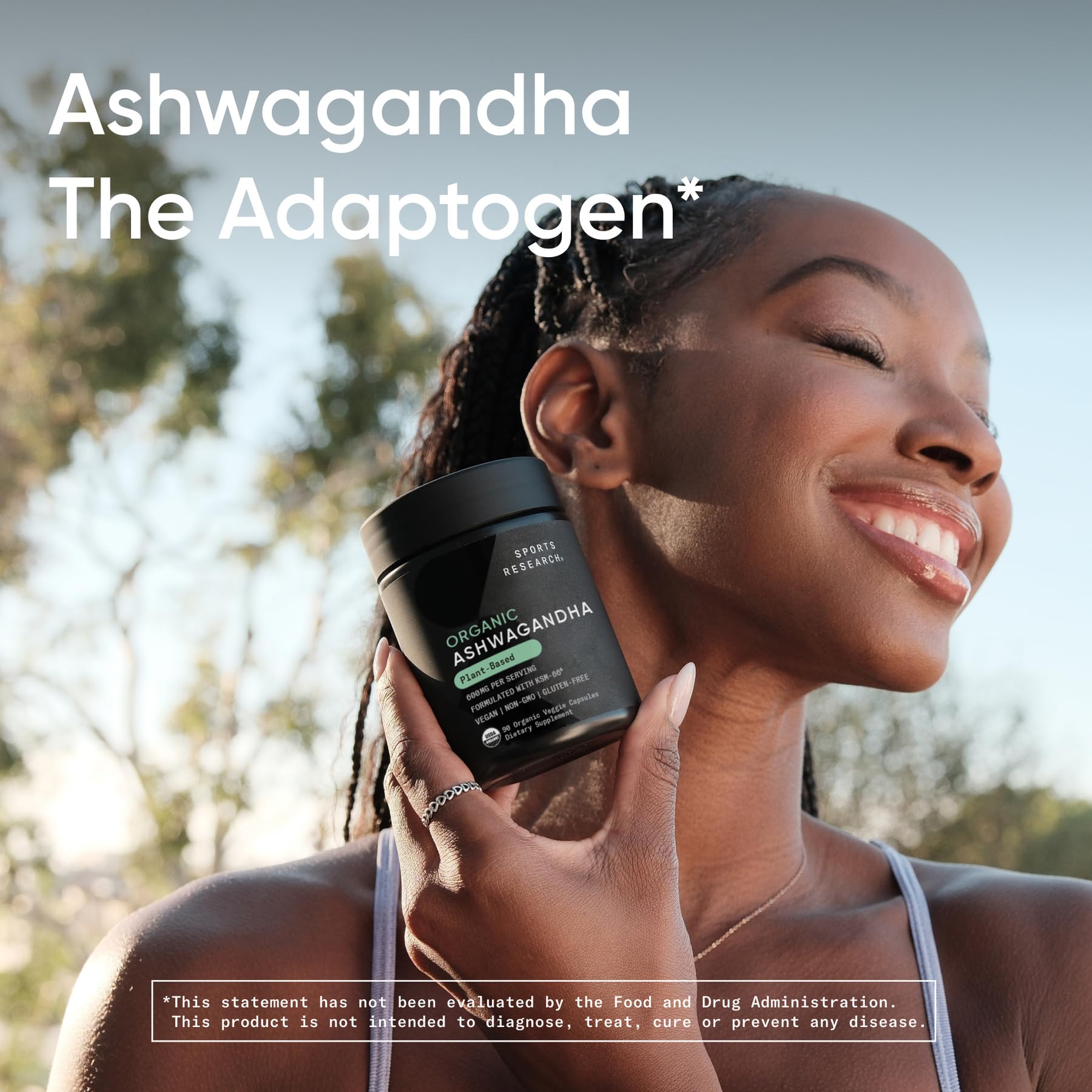 Sports Research Ashwagandha 600mg Organic Veggie Capsules on a wooden table