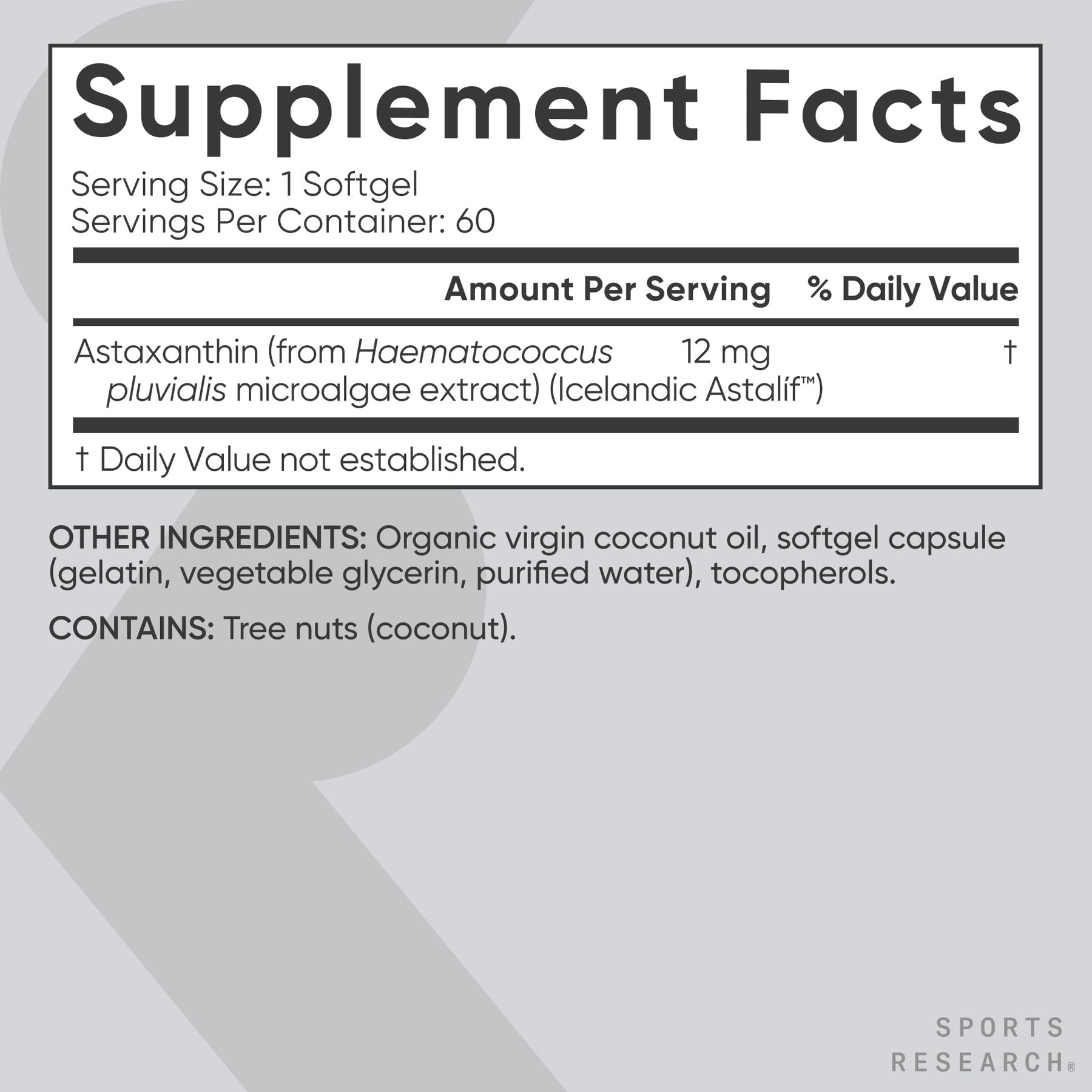 Sports Research Astaxanthin Softgels 12mg ingredients list
