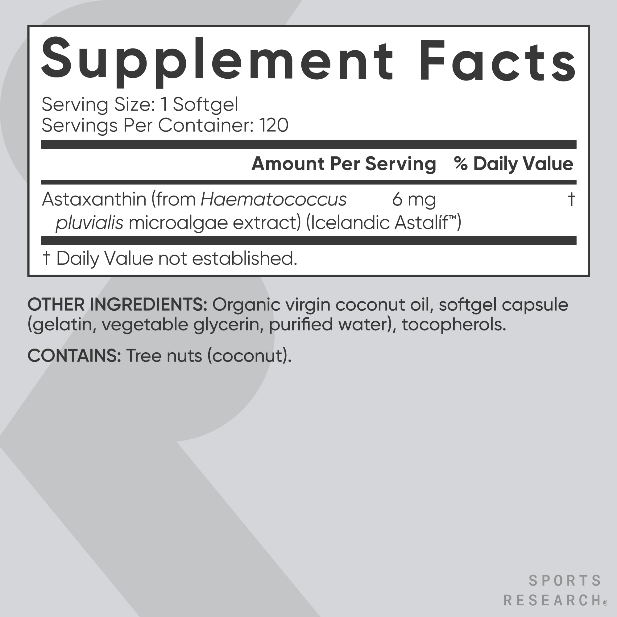 Sports Research Astaxanthin Softgels 6mg bottle with coconut oil