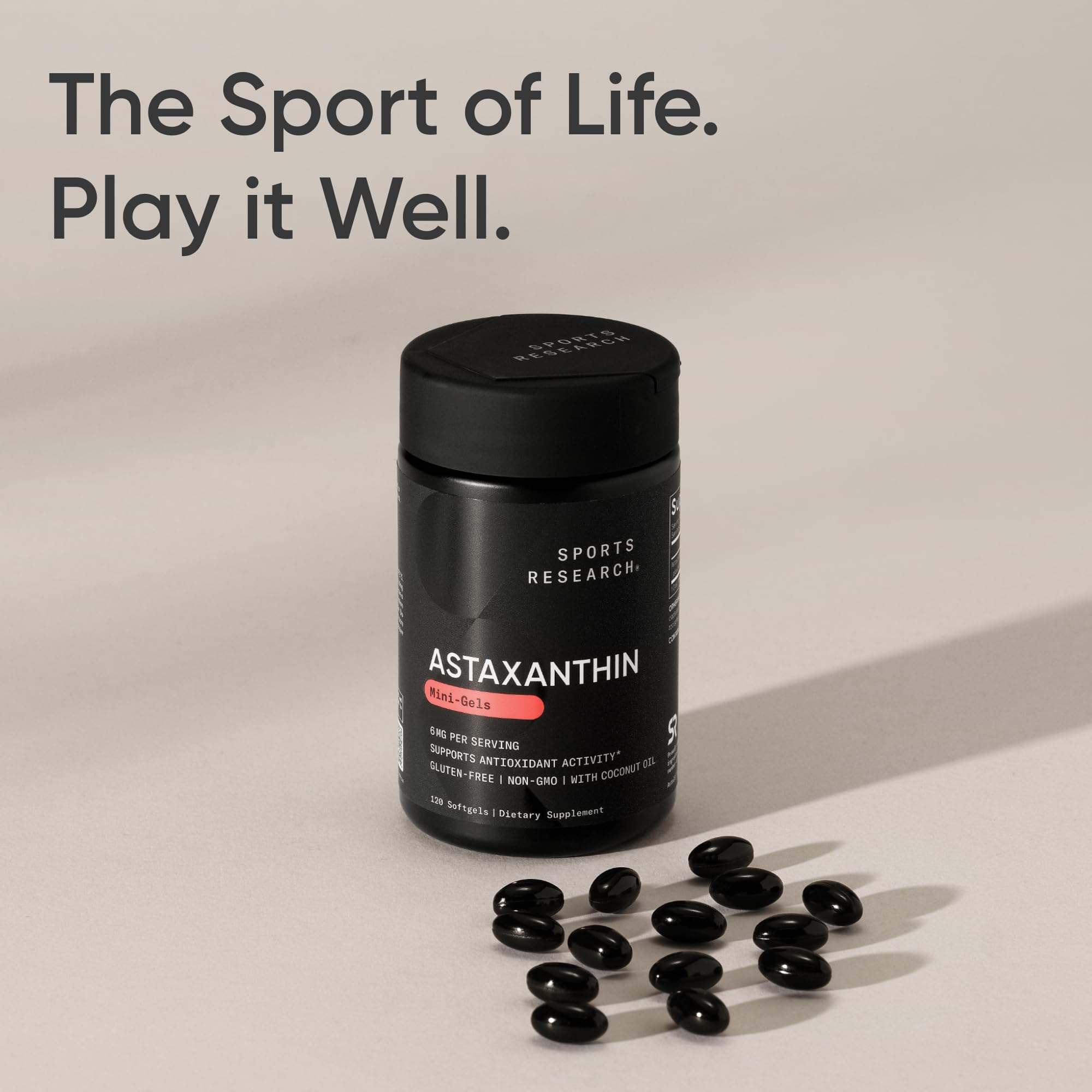 Sports Research Astaxanthin Softgels 6mg on a wooden table