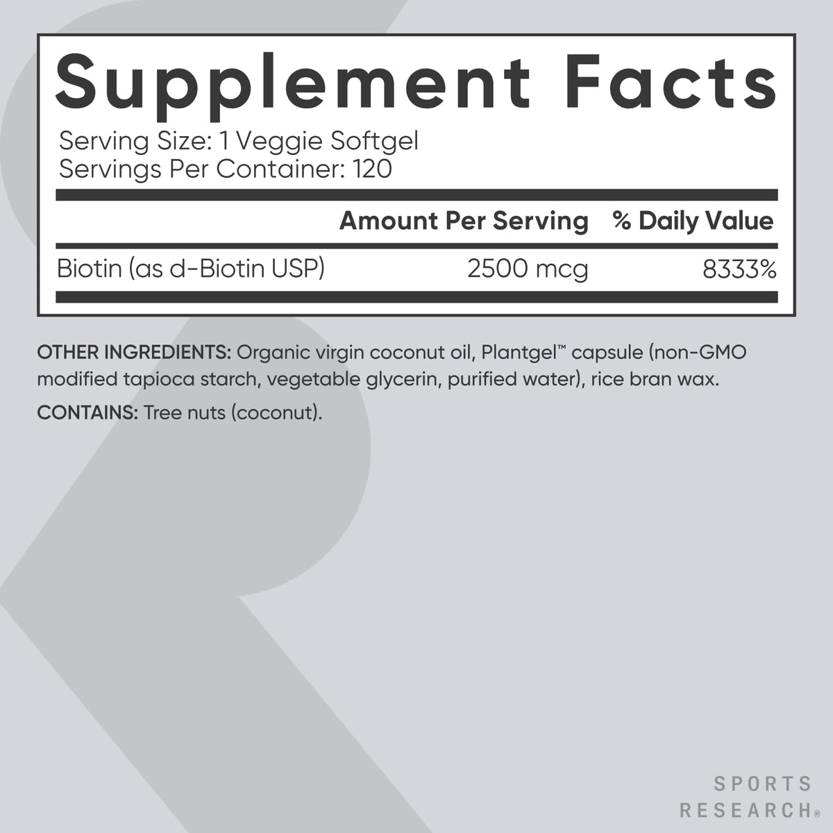 Sports Research Biotin 5000 mcg Vegan Capsules with coconut oil