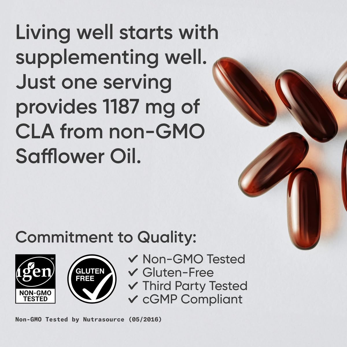 Sports Research CLA Softgels 1250mg bottle on a wooden table