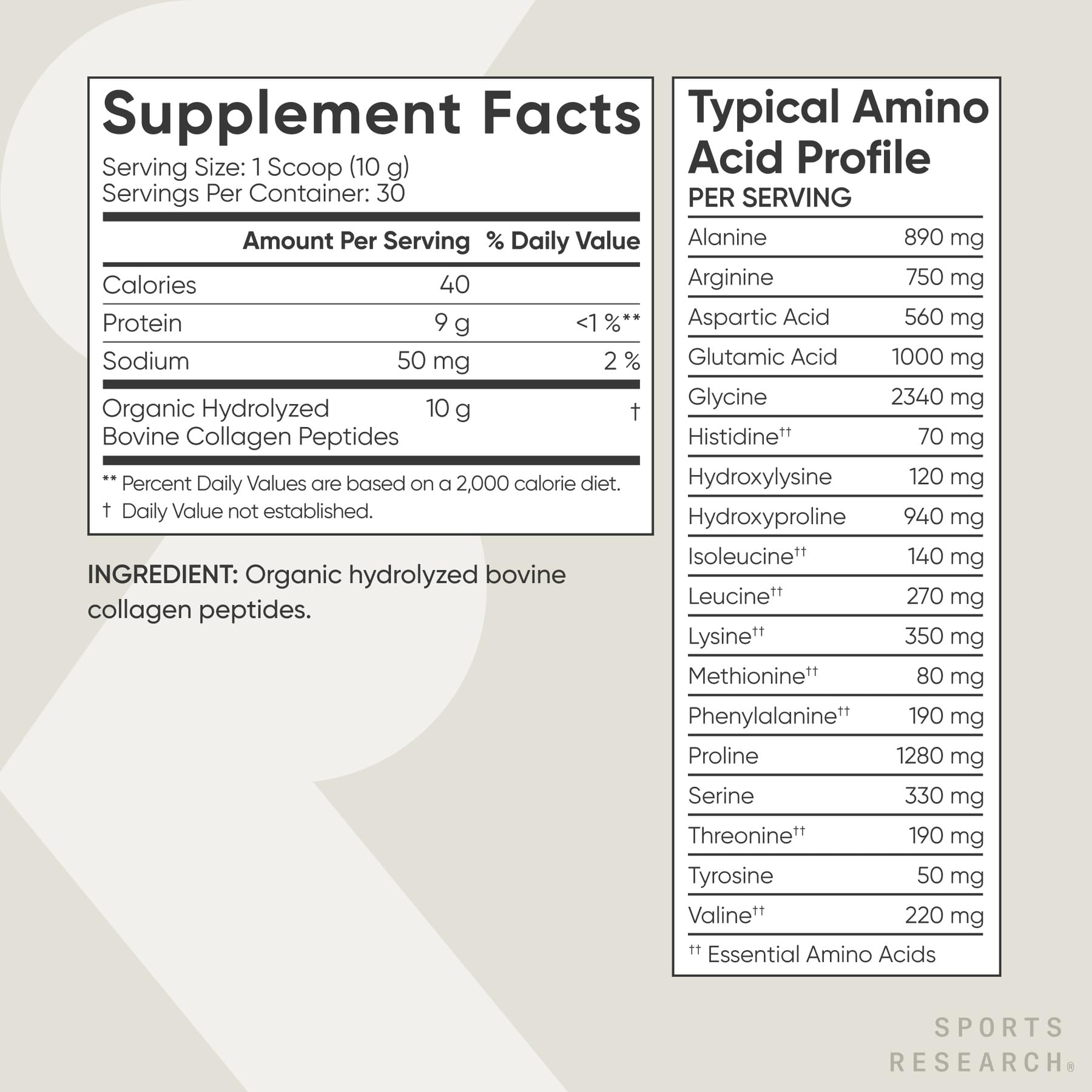Sports Research Collagen Peptides Powder nutritional information
