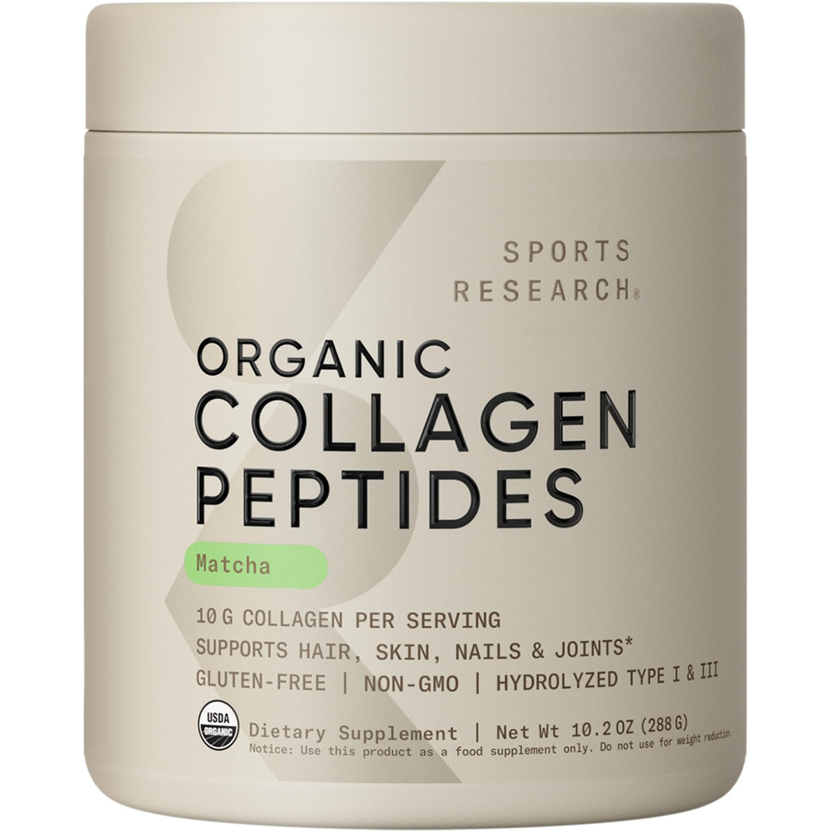 Sports Research Collagen Peptides with Matcha front view packaging